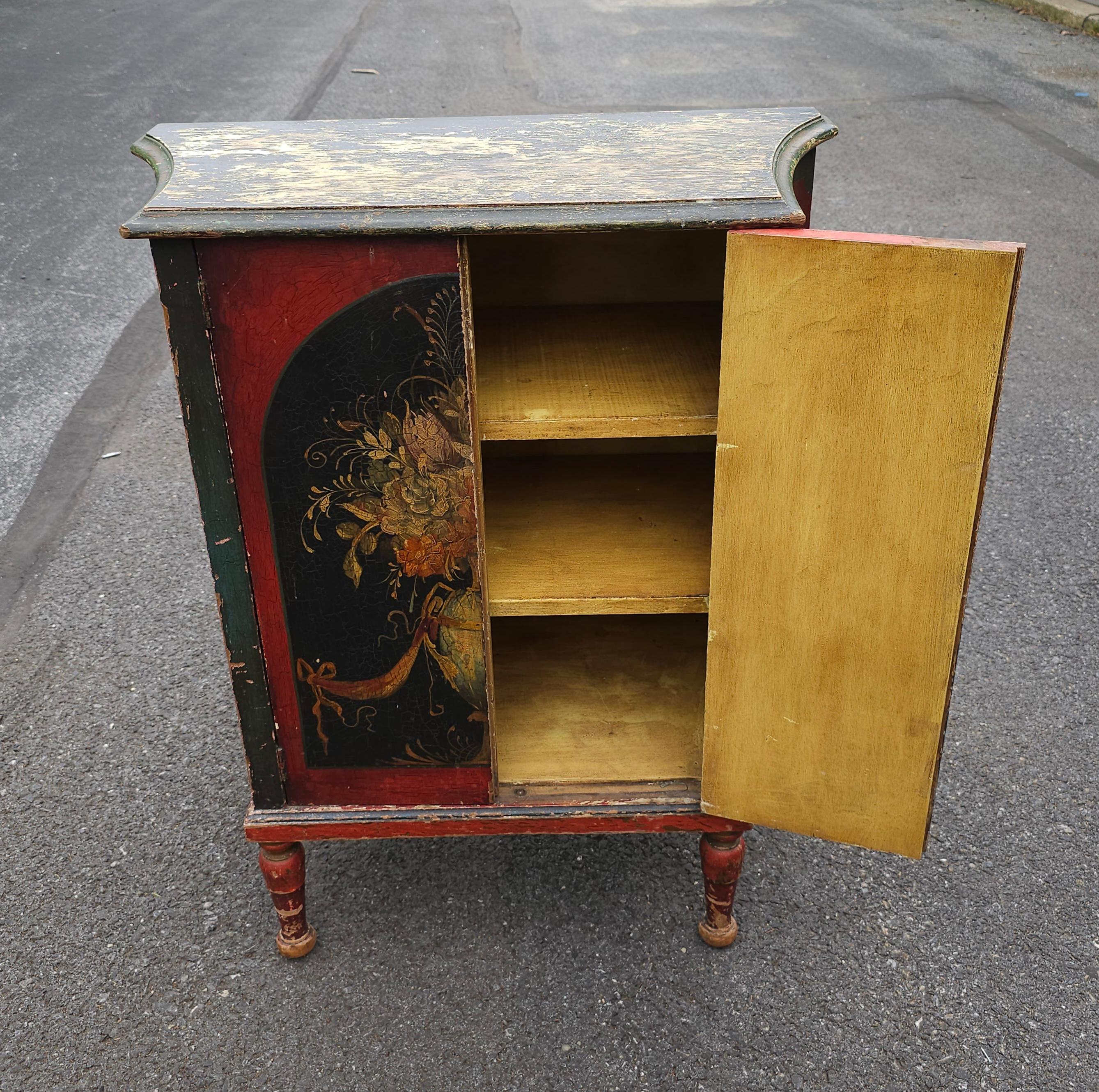 Mid-Century Modern Mid-Century Antiqued Painted and Decorated Two Door Side Cabinet For Sale