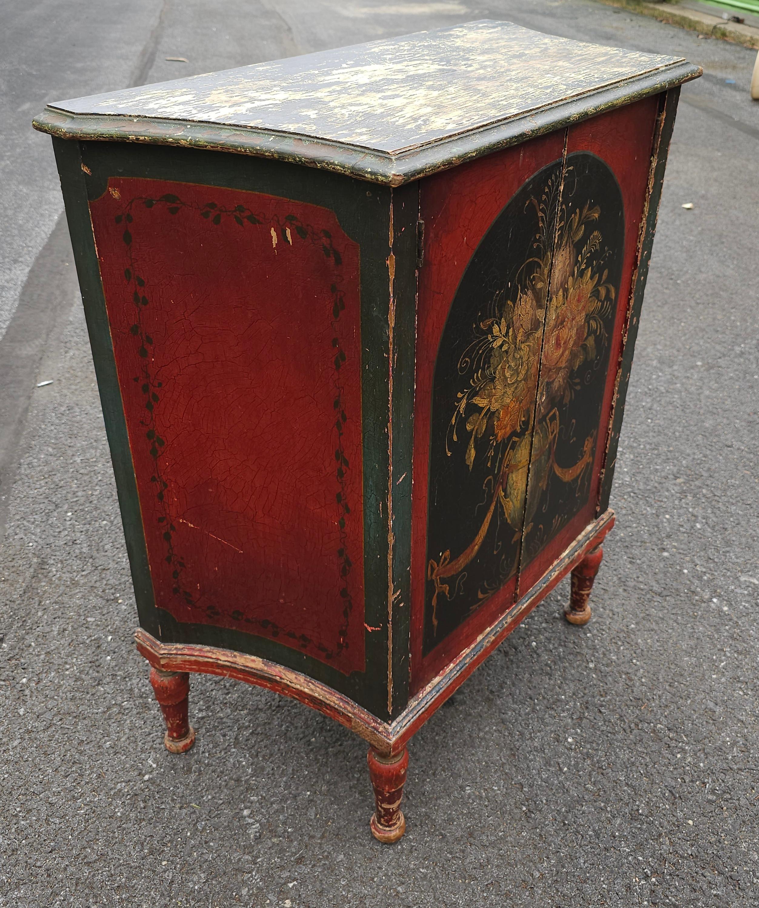 American Mid-Century Antiqued Painted and Decorated Two Door Side Cabinet For Sale