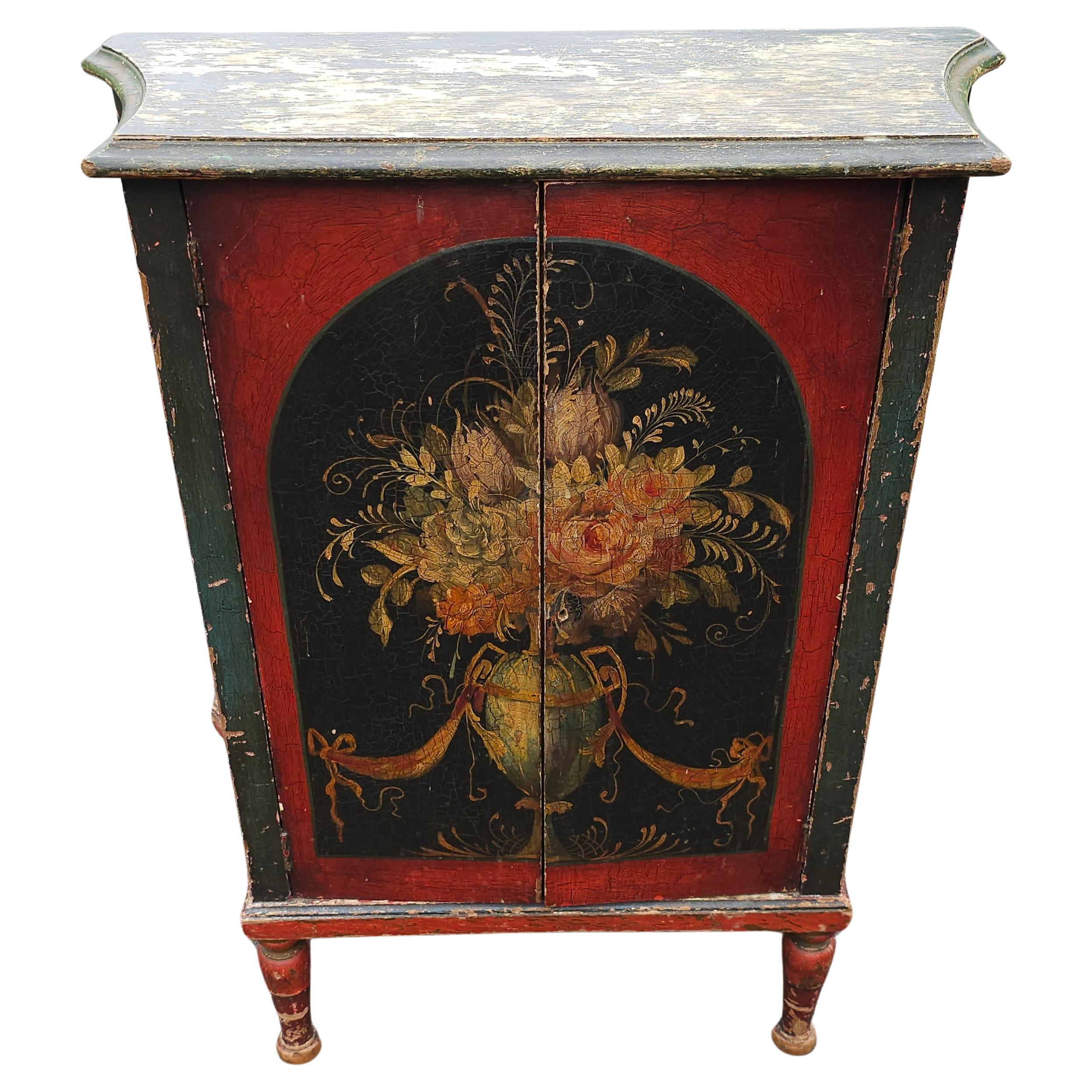 Mid-Century Antiqued Painted and Decorated Two Door Side Cabinet For Sale