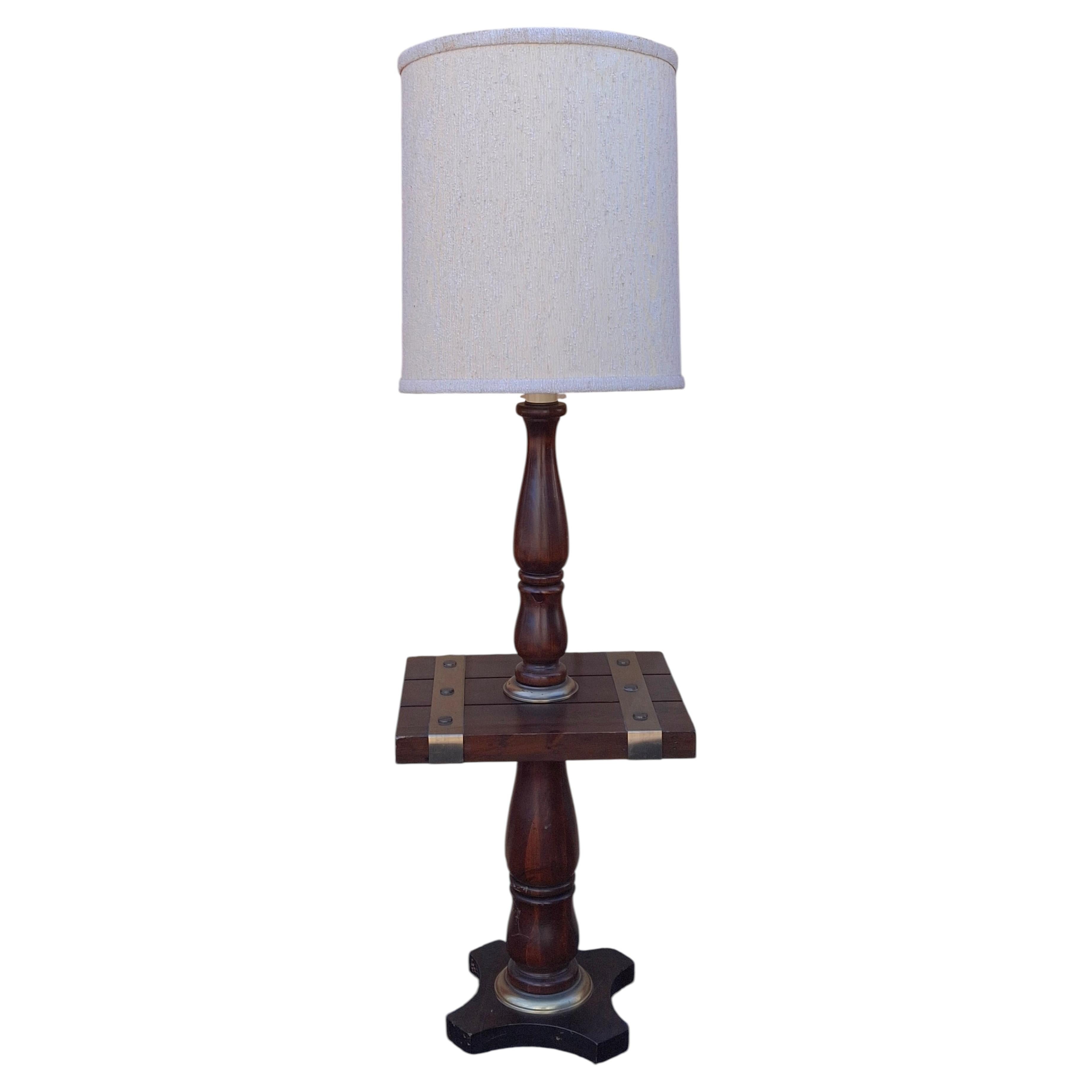 Mid Century Antiqued Pine Floor Lamp with Brass Accents For Sale