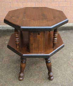 Mid Century Antiqued Pine Two-Tier Octogonal Side Table