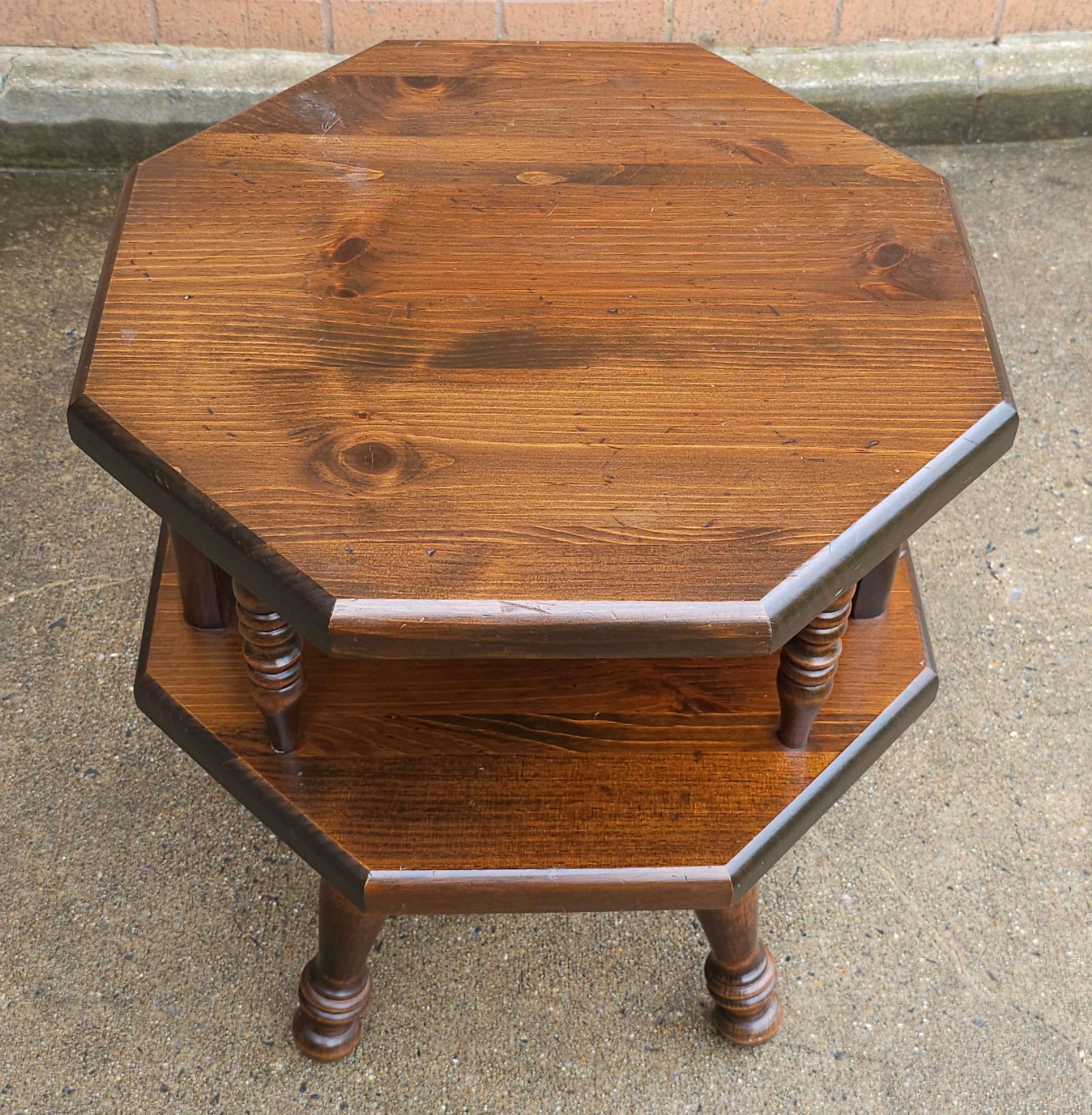Stained Mid Century Antiqued Pine Two-Tier Octogonal Side Table For Sale