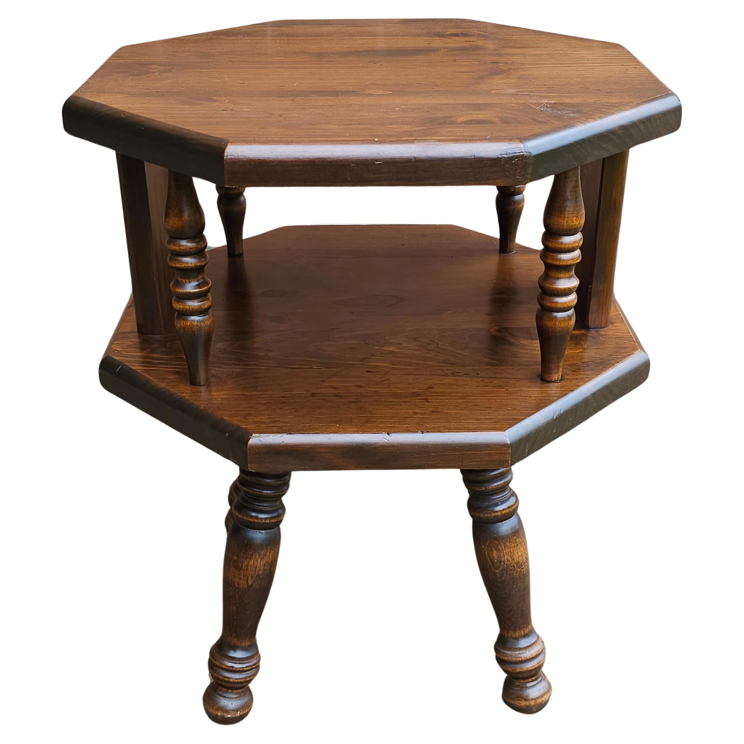 Mid Century Antiqued Pine Two-Tier Octogonal Side Table For Sale