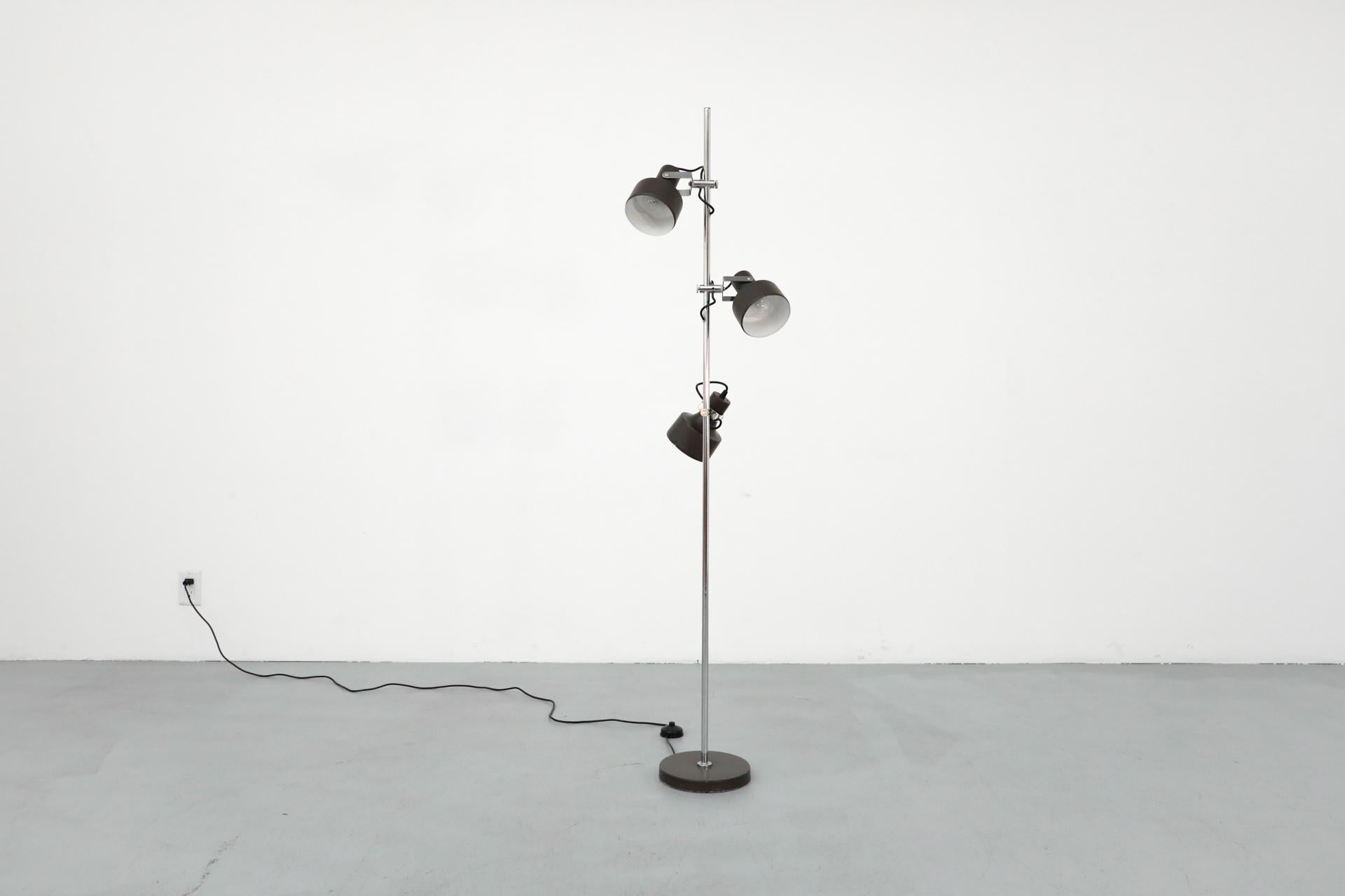 Mid-Century Anvia Dark Brown Enameled Metal Adjustable Triple Spot Floor Lamp For Sale 4