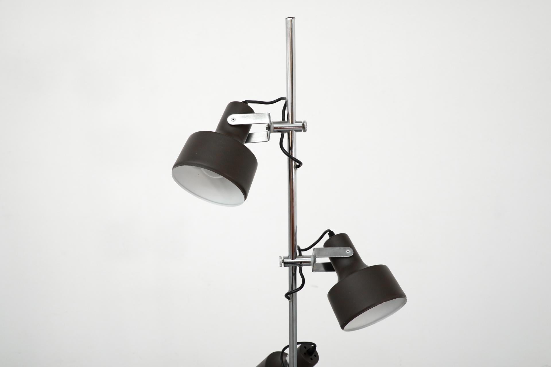 Mid-Century Anvia Dark Brown Enameled Metal Adjustable Triple Spot Floor Lamp For Sale 5