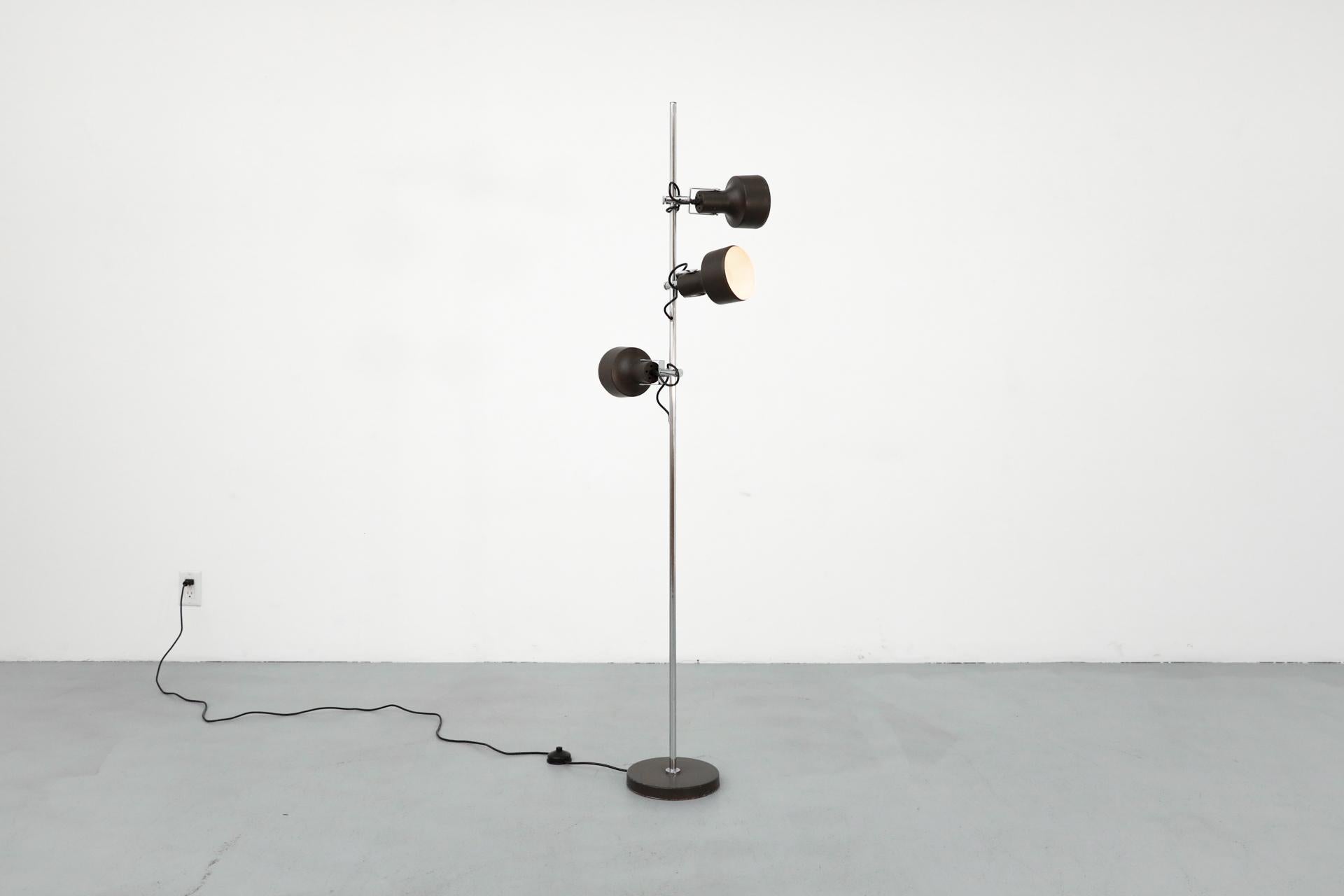 Dutch Mid-Century Anvia Dark Brown Enameled Metal Adjustable Triple Spot Floor Lamp For Sale