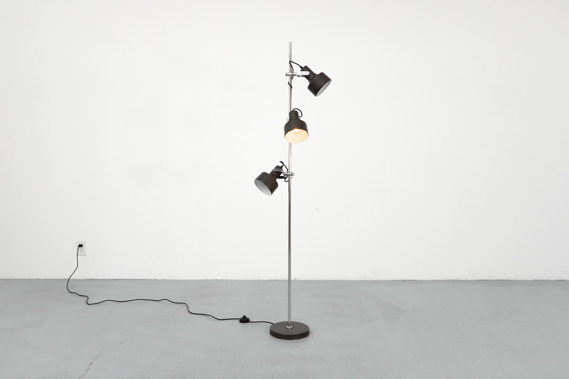 Mid-Century Anvia Dark Brown Enameled Metal Adjustable Triple Spot Floor Lamp For Sale 1