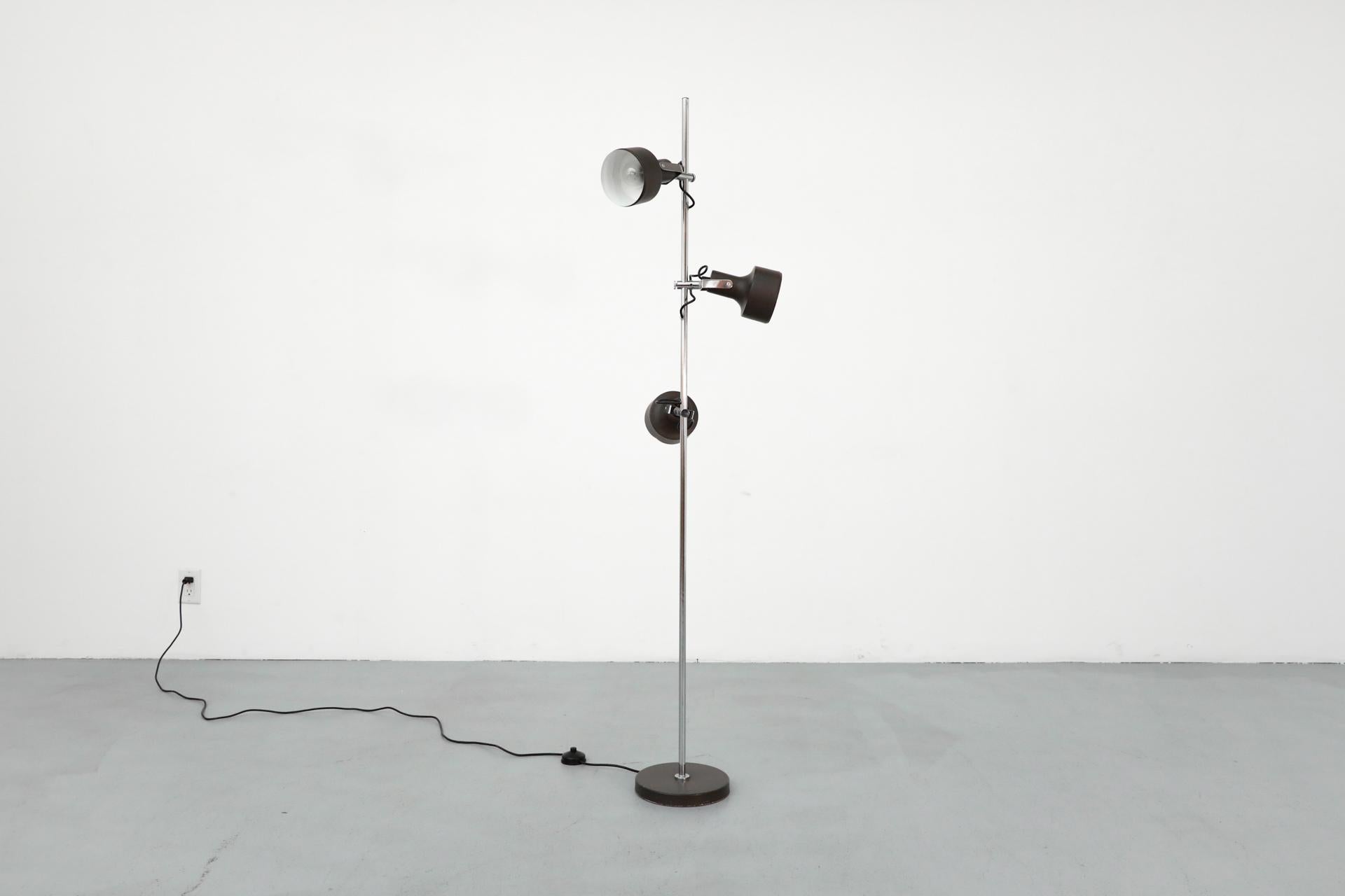 Mid-Century Anvia Dark Brown Enameled Metal Adjustable Triple Spot Floor Lamp For Sale 2