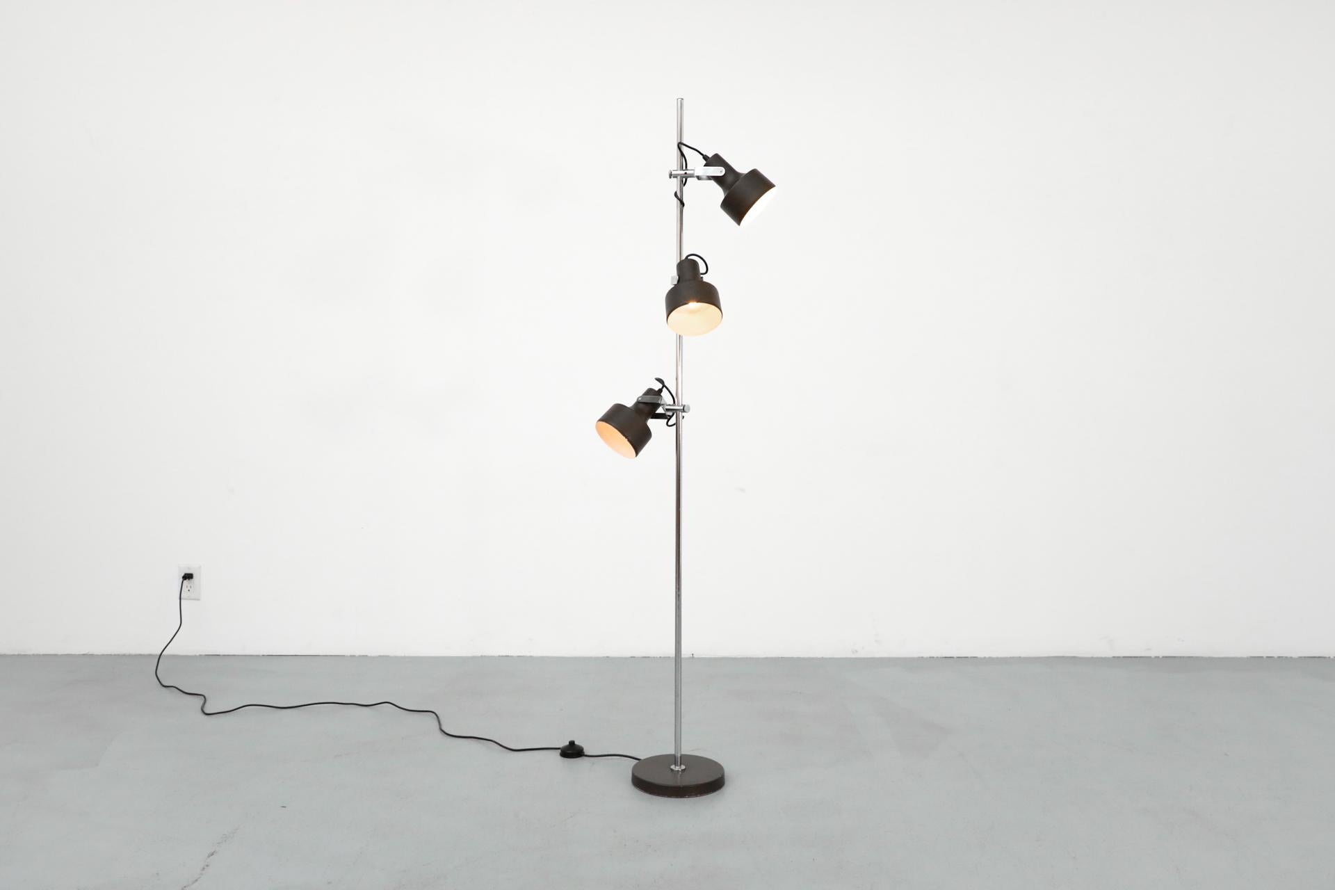 20th Century Mid-Century Anvia Dark Brown Enameled Metal Adjustable Triple Spot Floor Lamp For Sale