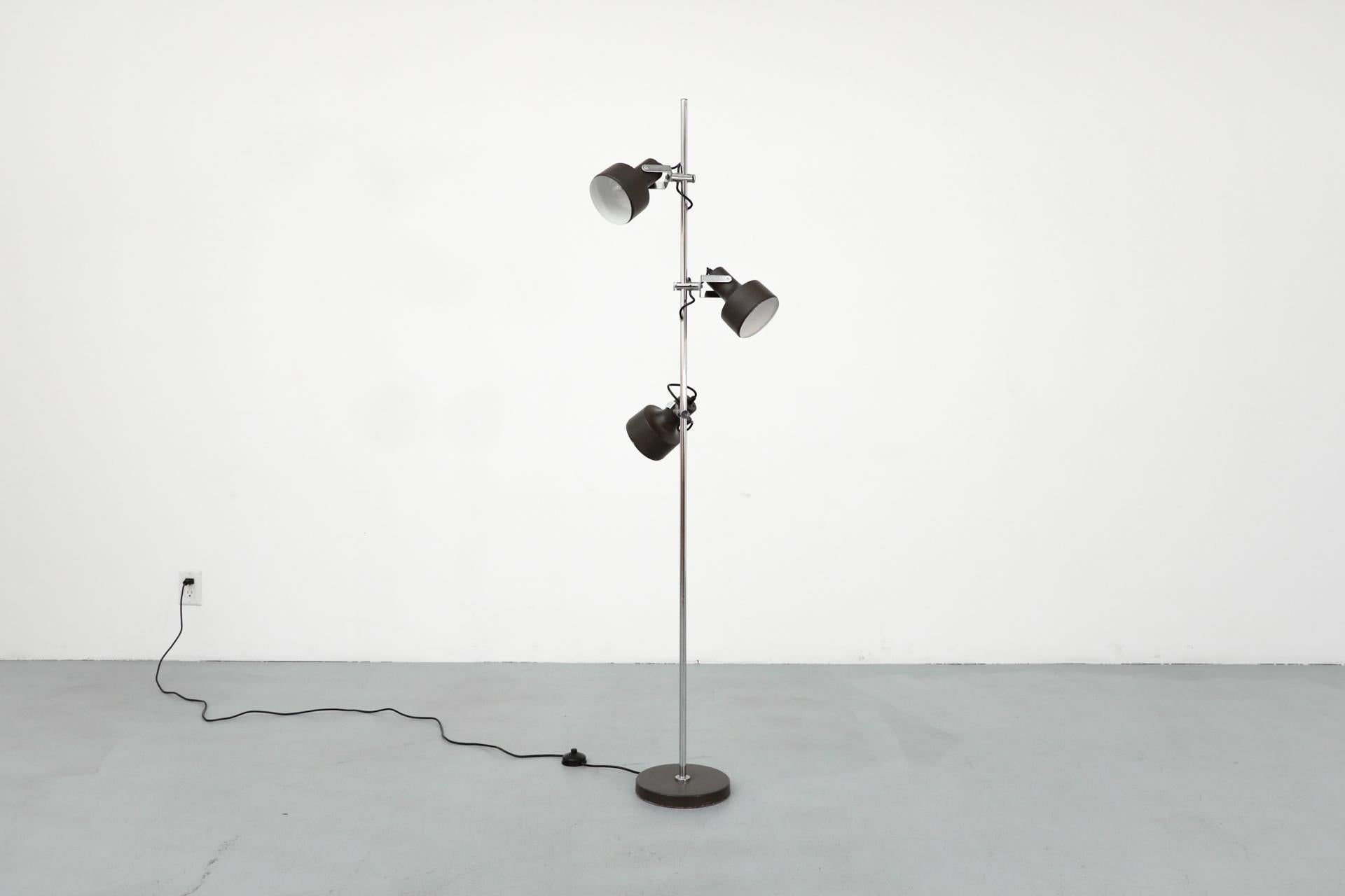 Mid-Century Anvia Dark Brown Enameled Metal Adjustable Triple Spot Floor Lamp For Sale 3