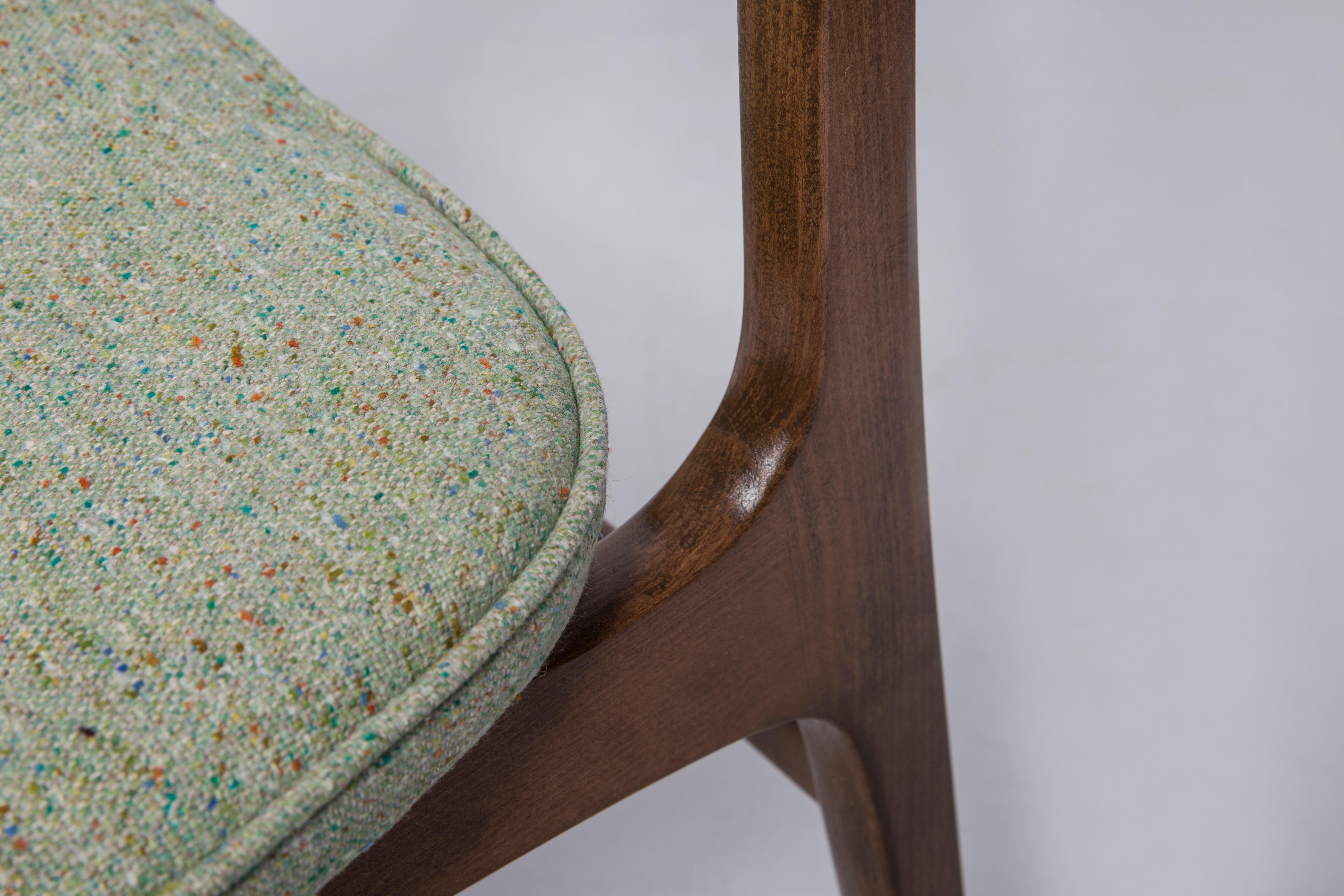 Velvet Mid Century Apple Green Wool Chair, Walnut Wood, Rajmund Halas, Poland, 1960s For Sale