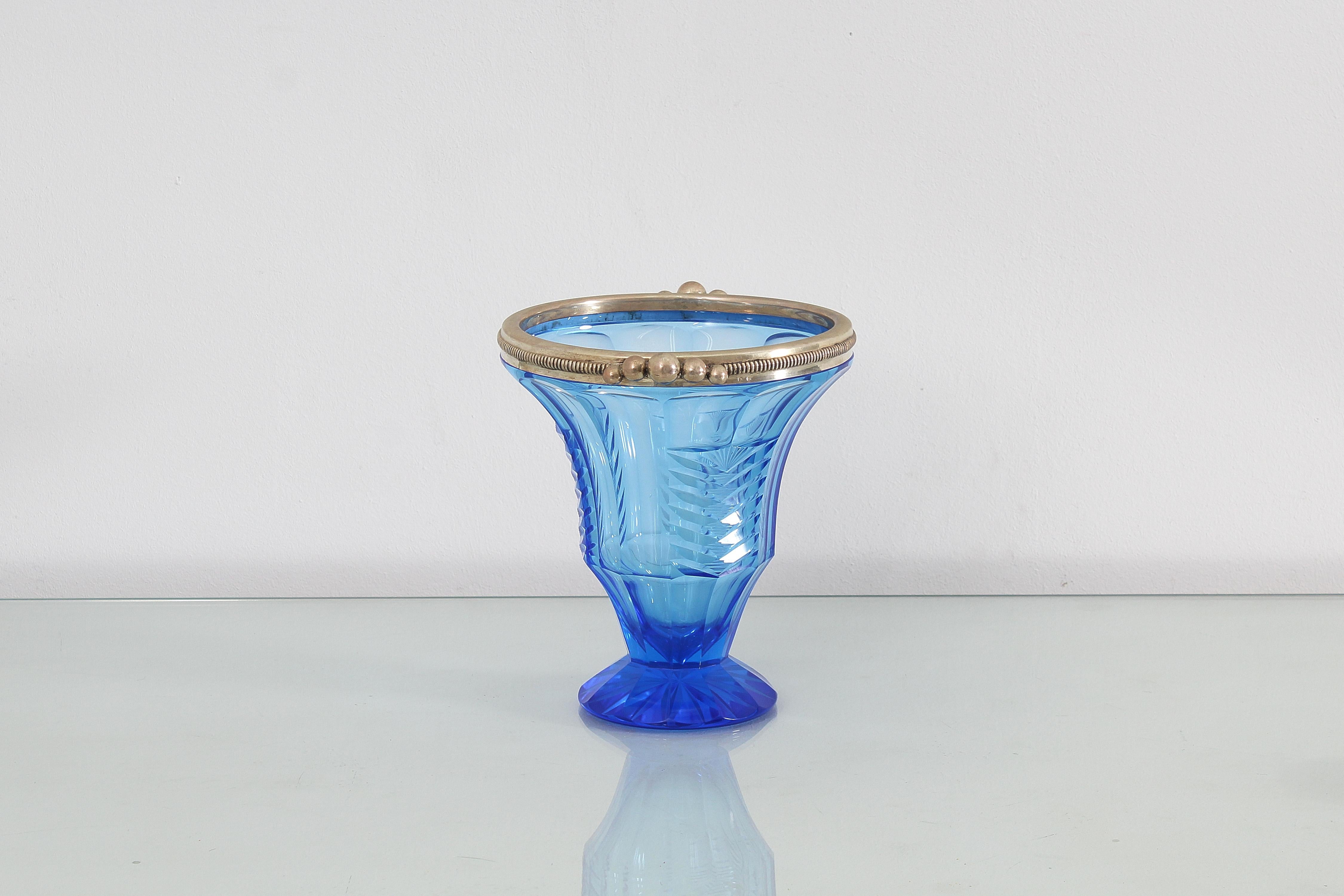 Mid-Century Modern Midcentury Aquamarine Colour Crystal and Silver Vase, Italy, 1950s For Sale