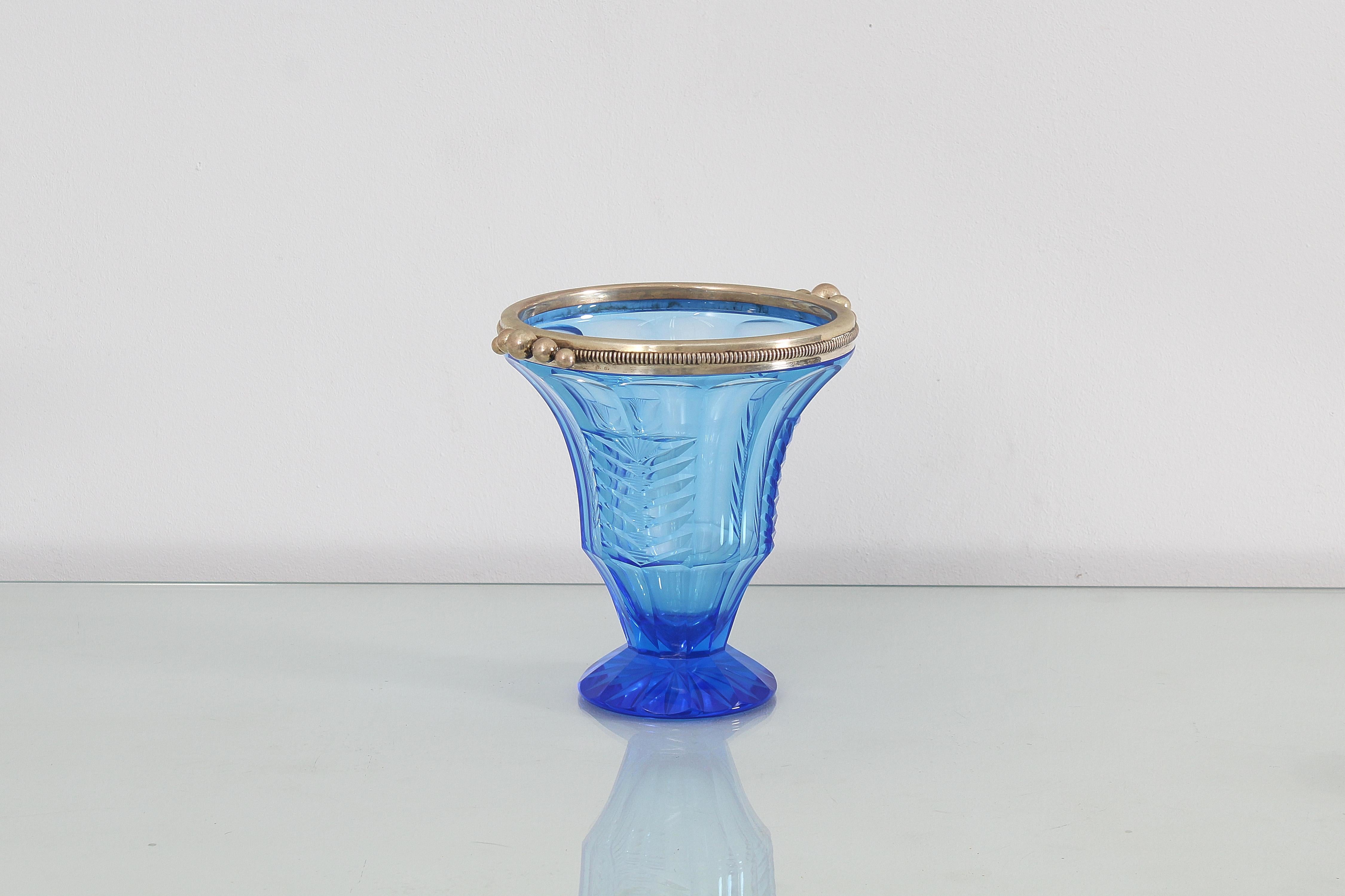 Italian Midcentury Aquamarine Colour Crystal and Silver Vase, Italy, 1950s For Sale