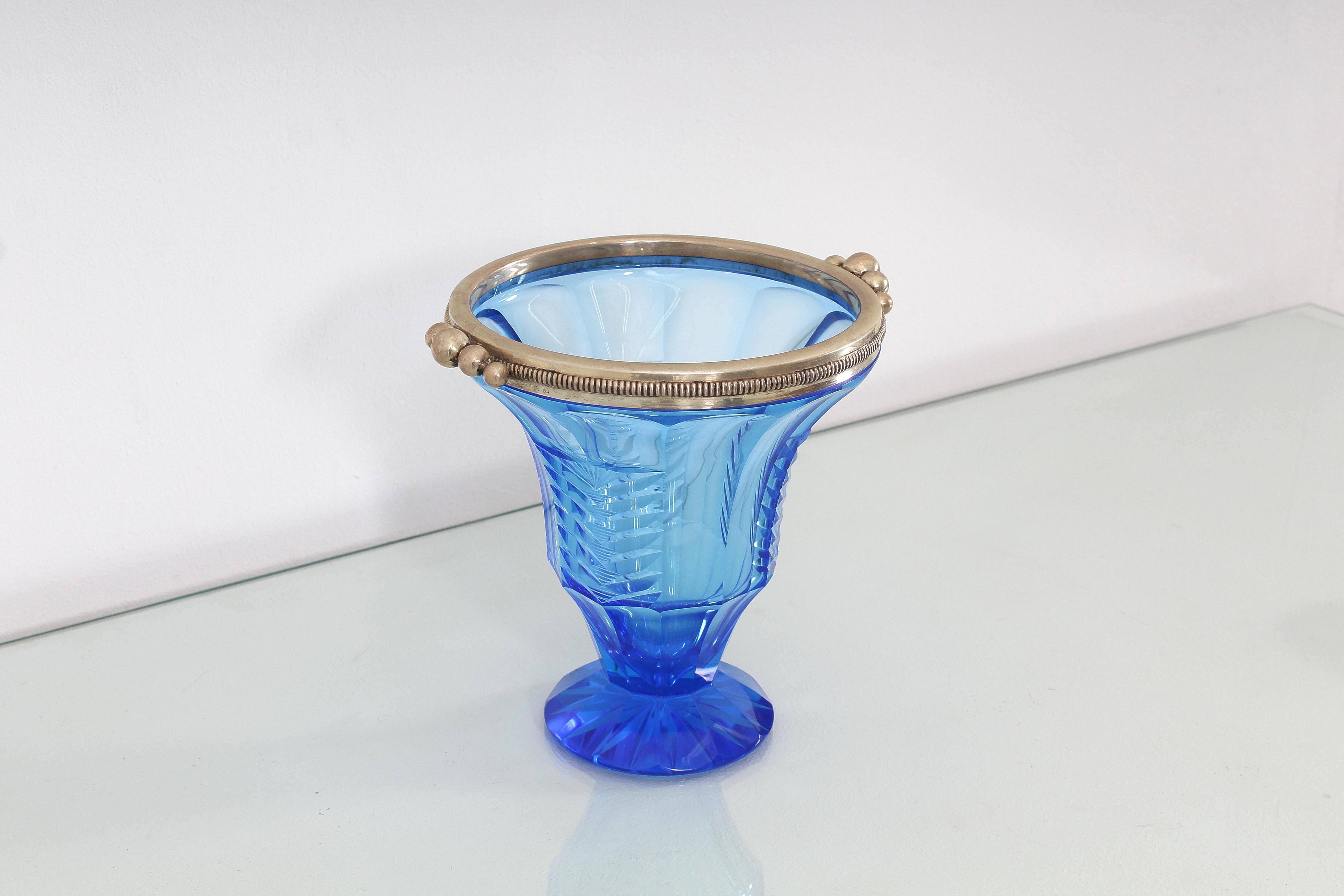 Mid-20th Century Midcentury Aquamarine Colour Crystal and Silver Vase, Italy, 1950s For Sale