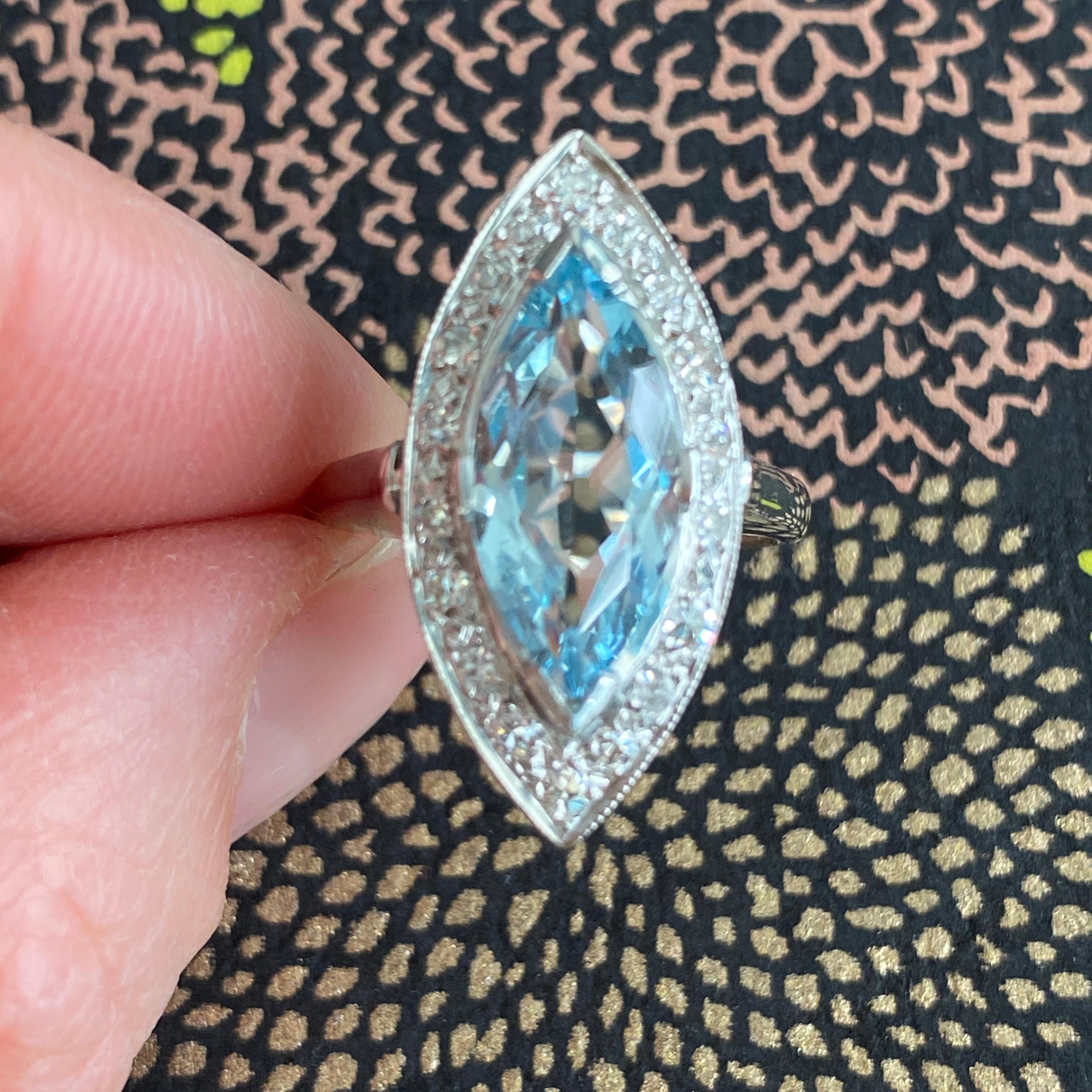 Mid Century Aquamarin & Diamant 14K Weißgold Ring im Angebot 5