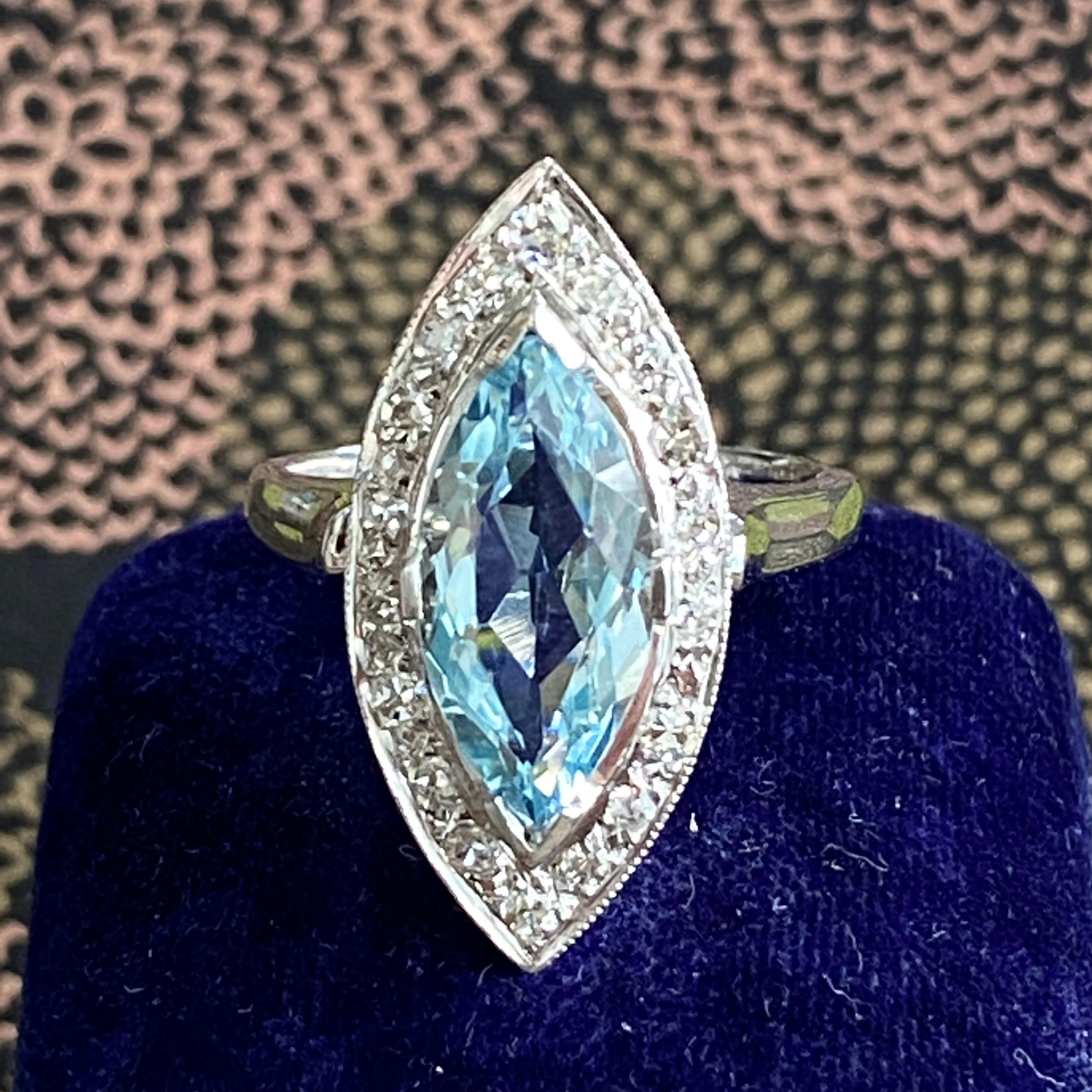 Mid Century Aquamarine & Diamond 14K White Gold Ring For Sale 6