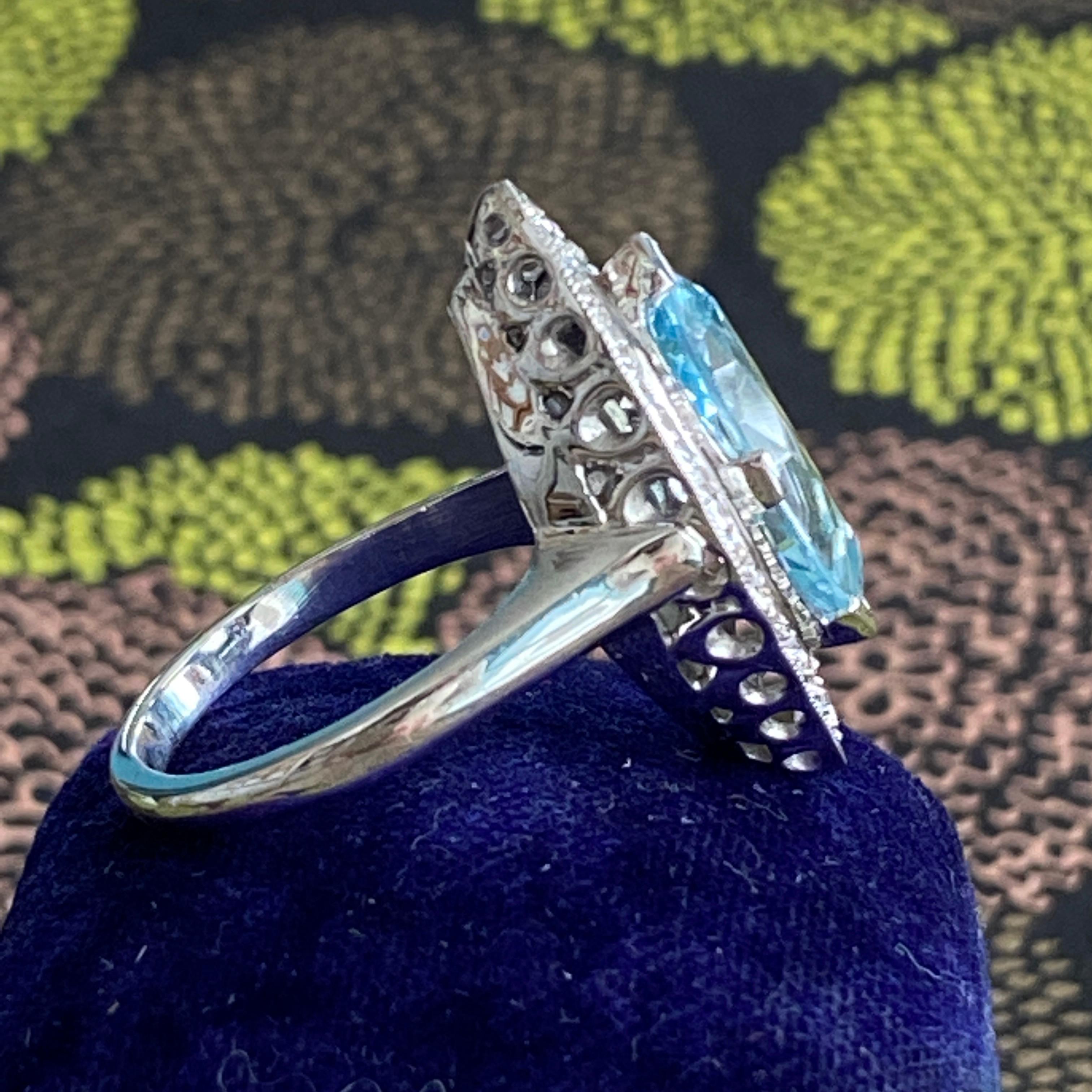 Mid Century Aquamarin & Diamant 14K Weißgold Ring im Angebot 9