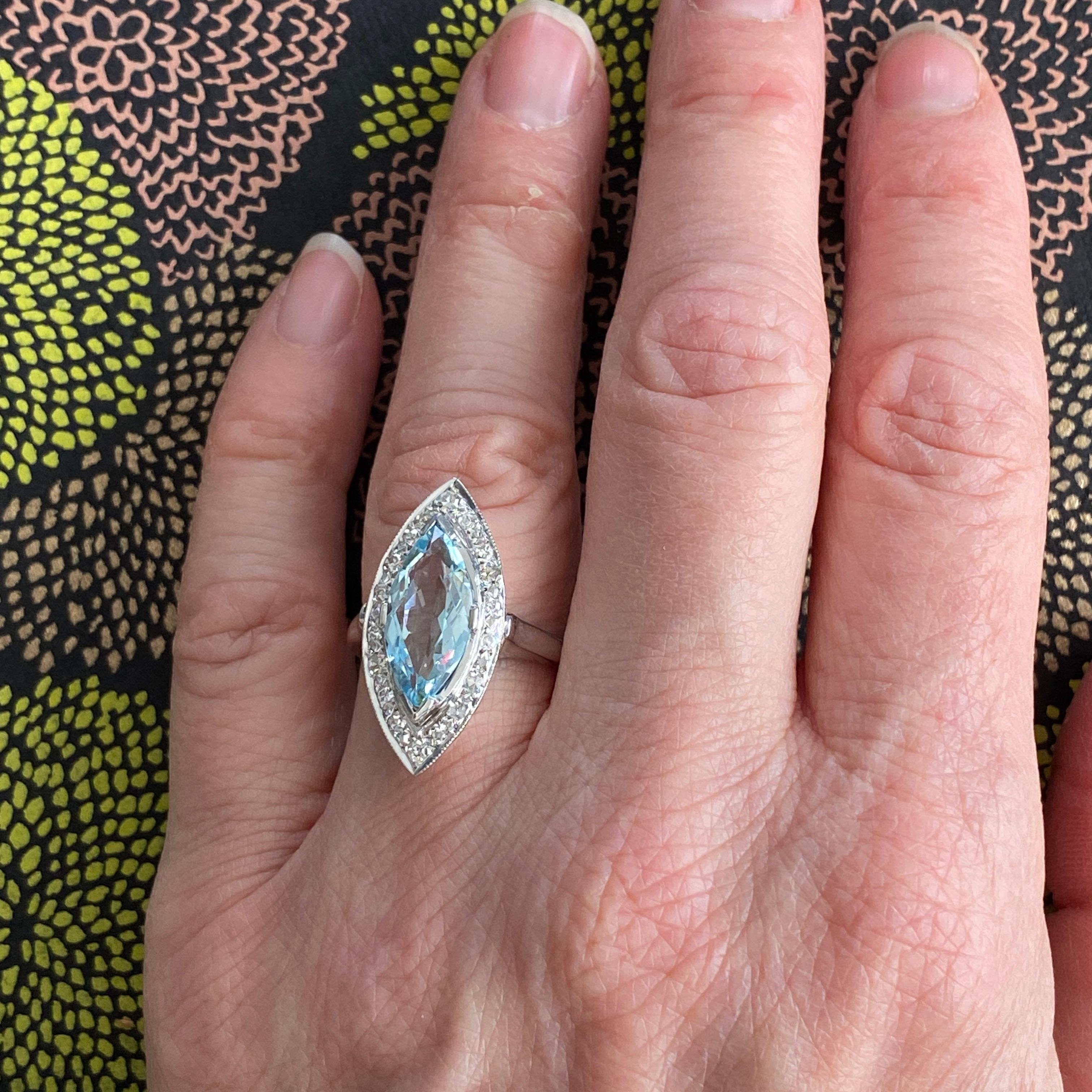 Women's Mid Century Aquamarine & Diamond 14K White Gold Ring For Sale