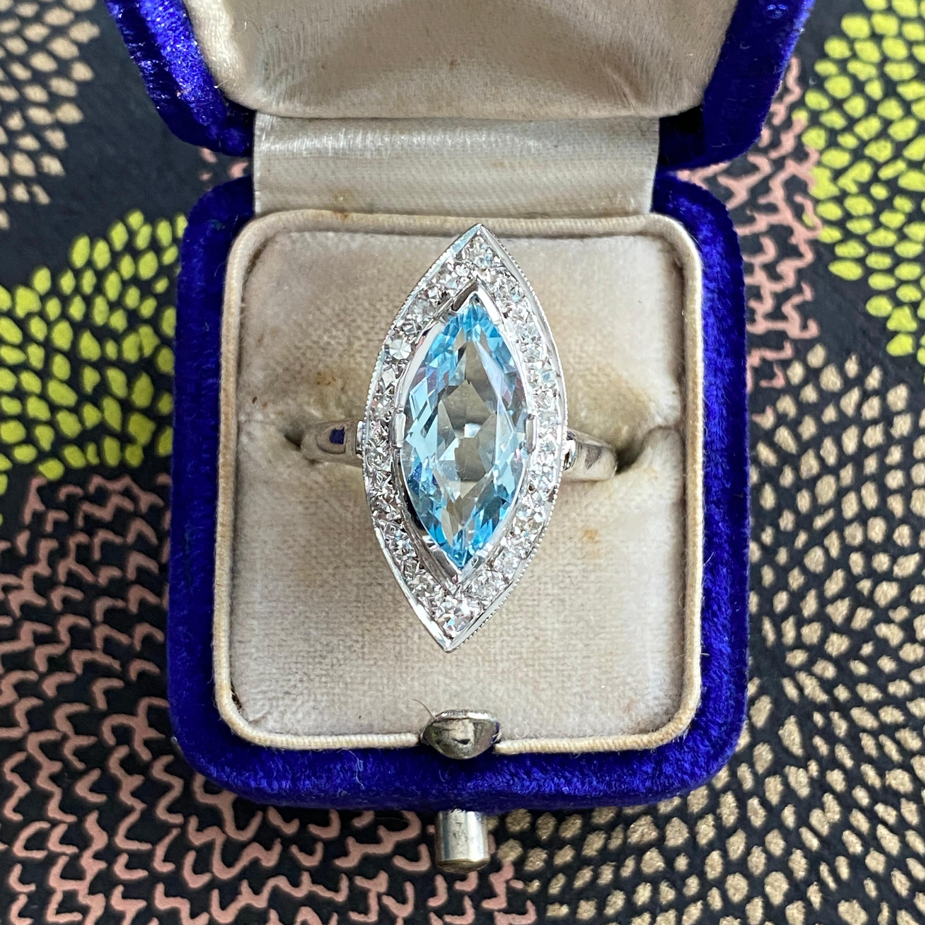 Mid Century Aquamarin & Diamant 14K Weißgold Ring im Angebot 1