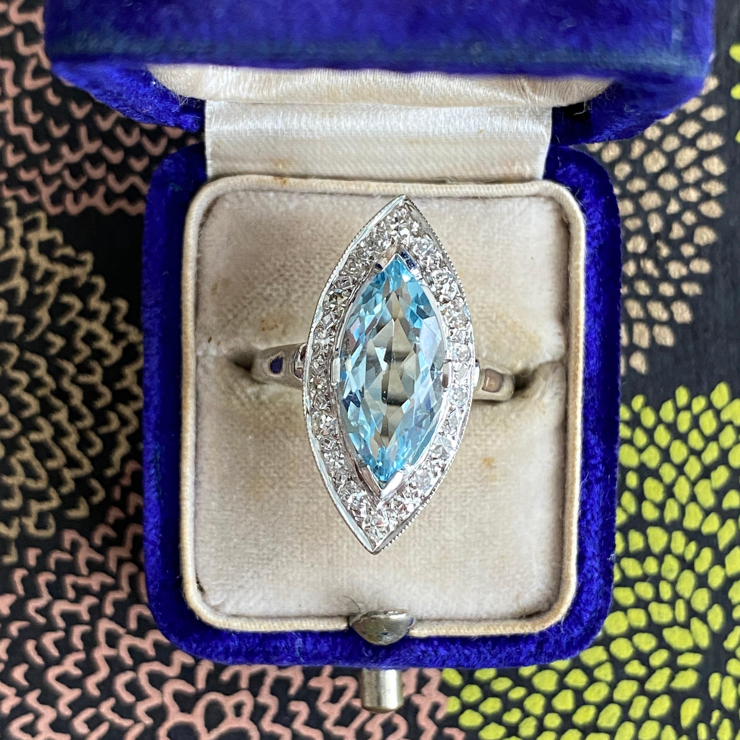 Mid Century Aquamarin & Diamant 14K Weißgold Ring im Angebot 3