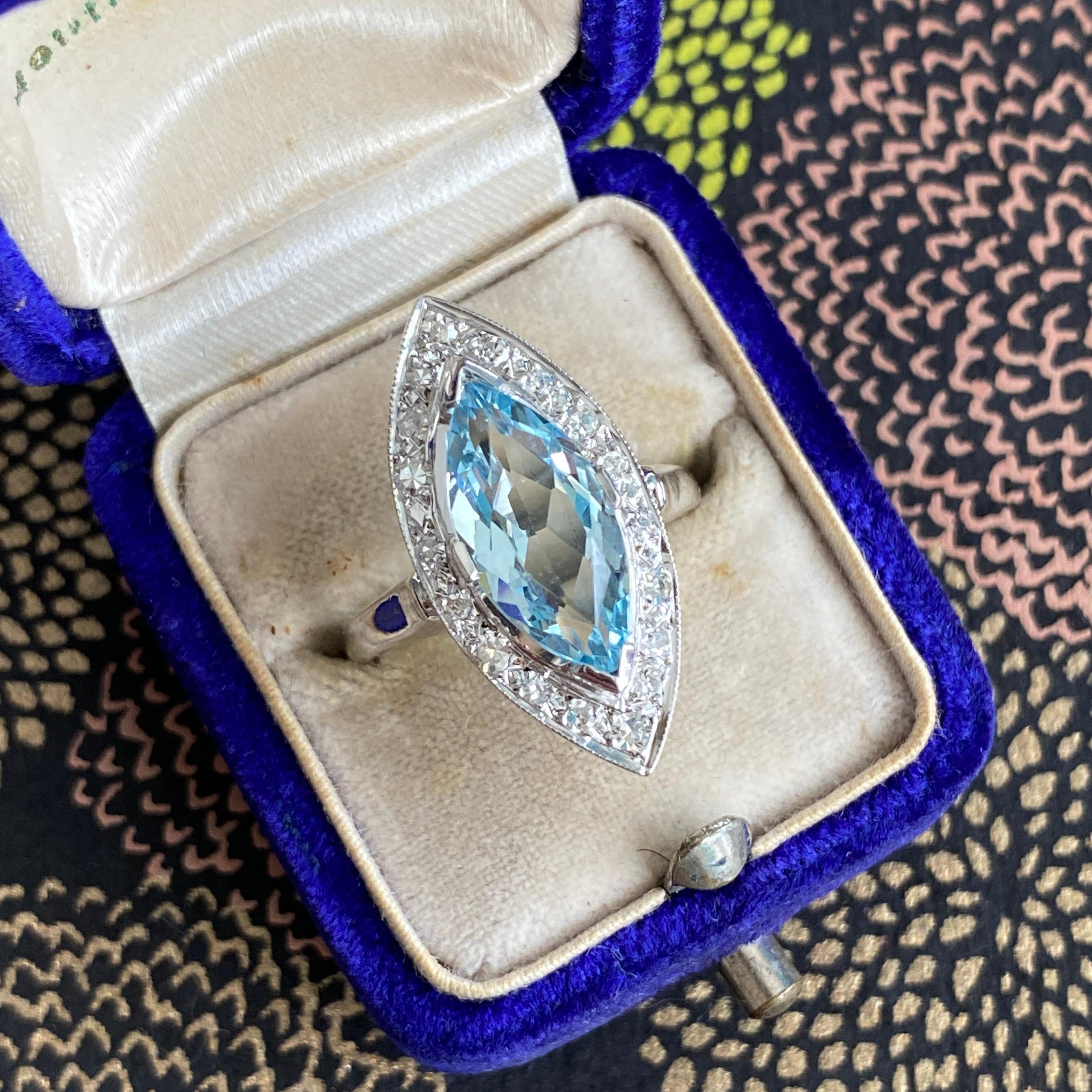 Mid Century Aquamarin & Diamant 14K Weißgold Ring im Angebot 4