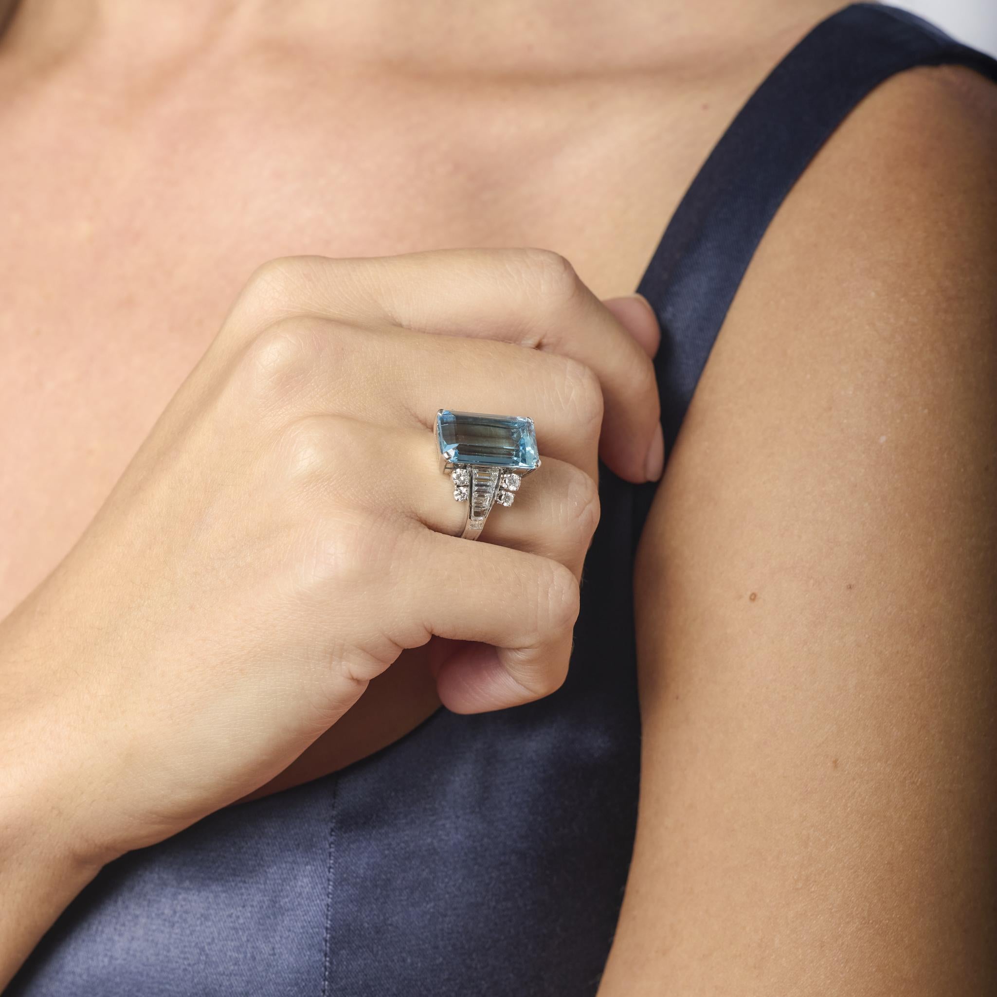 Emerald Cut Mid Century aquamarine diamond platinum cocktail ring For Sale