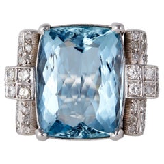 Mid Century Aquamarine Diamond Platinum Cocktail Ring
