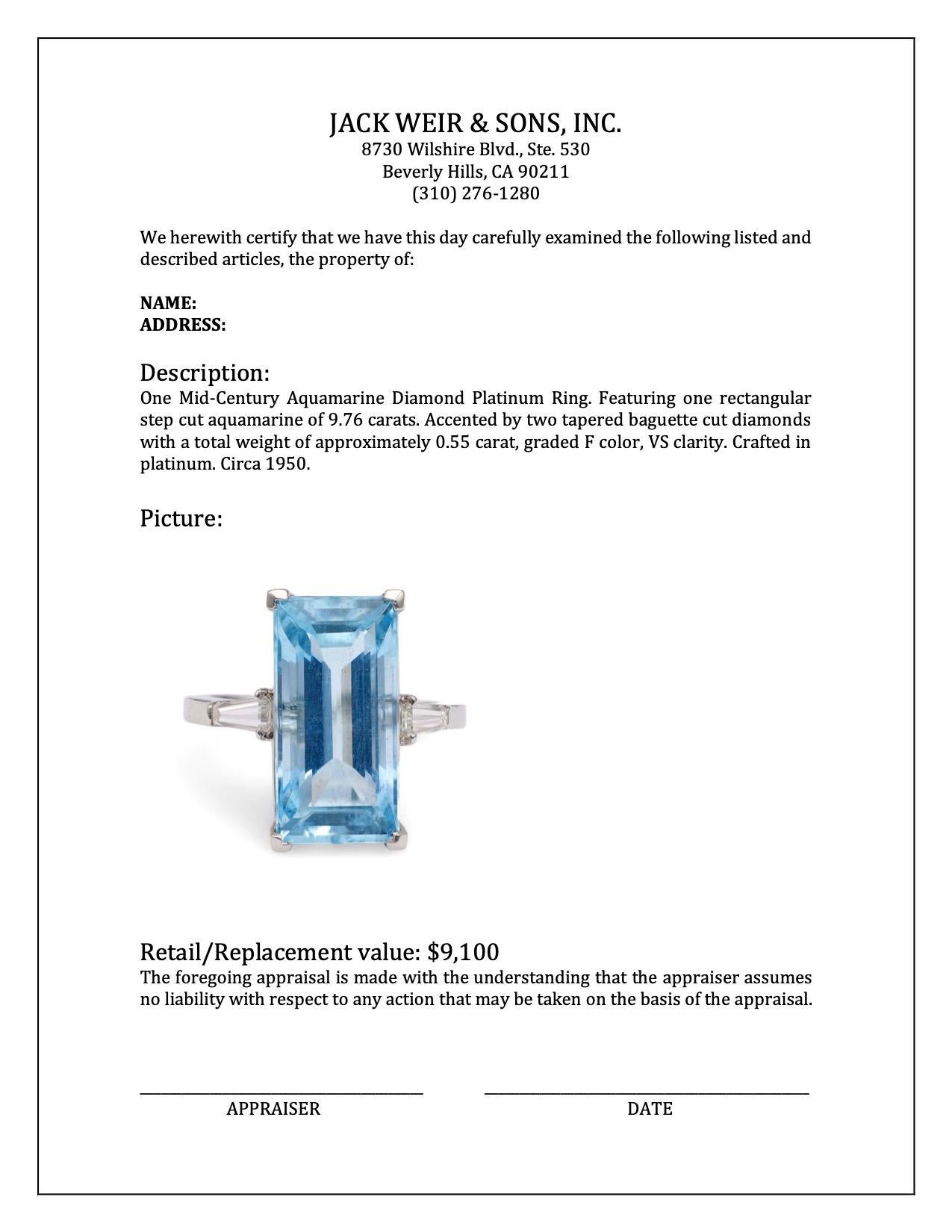Mid-Century Aquamarine Diamond Platinum Ring For Sale 1