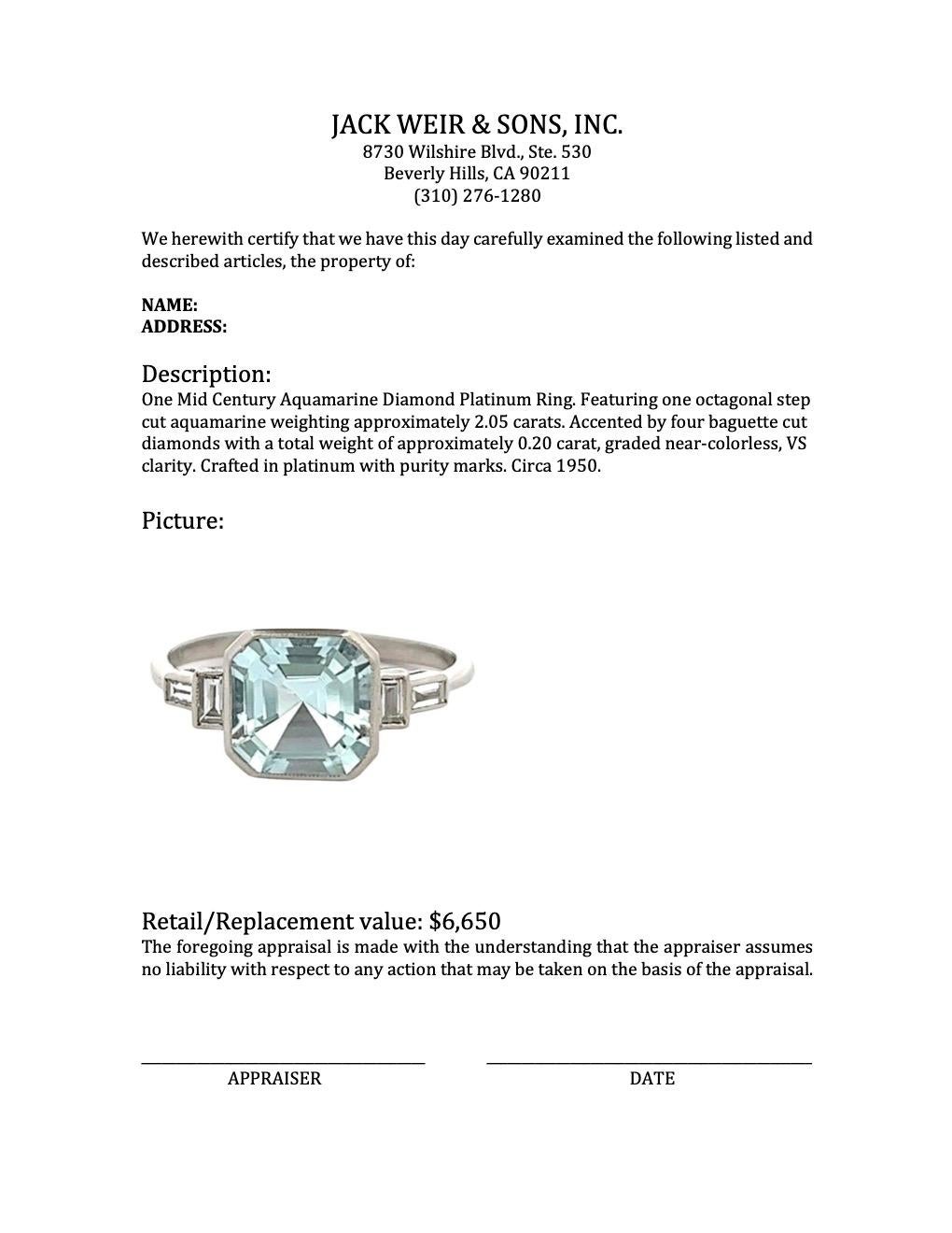 Midcentury Aquamarine Diamond Platinum Ring 2