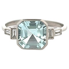 Vintage Midcentury Aquamarine Diamond Platinum Ring