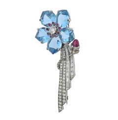 Midcentury Aquamarine Diamond Ruby Platinum Flower Brooch