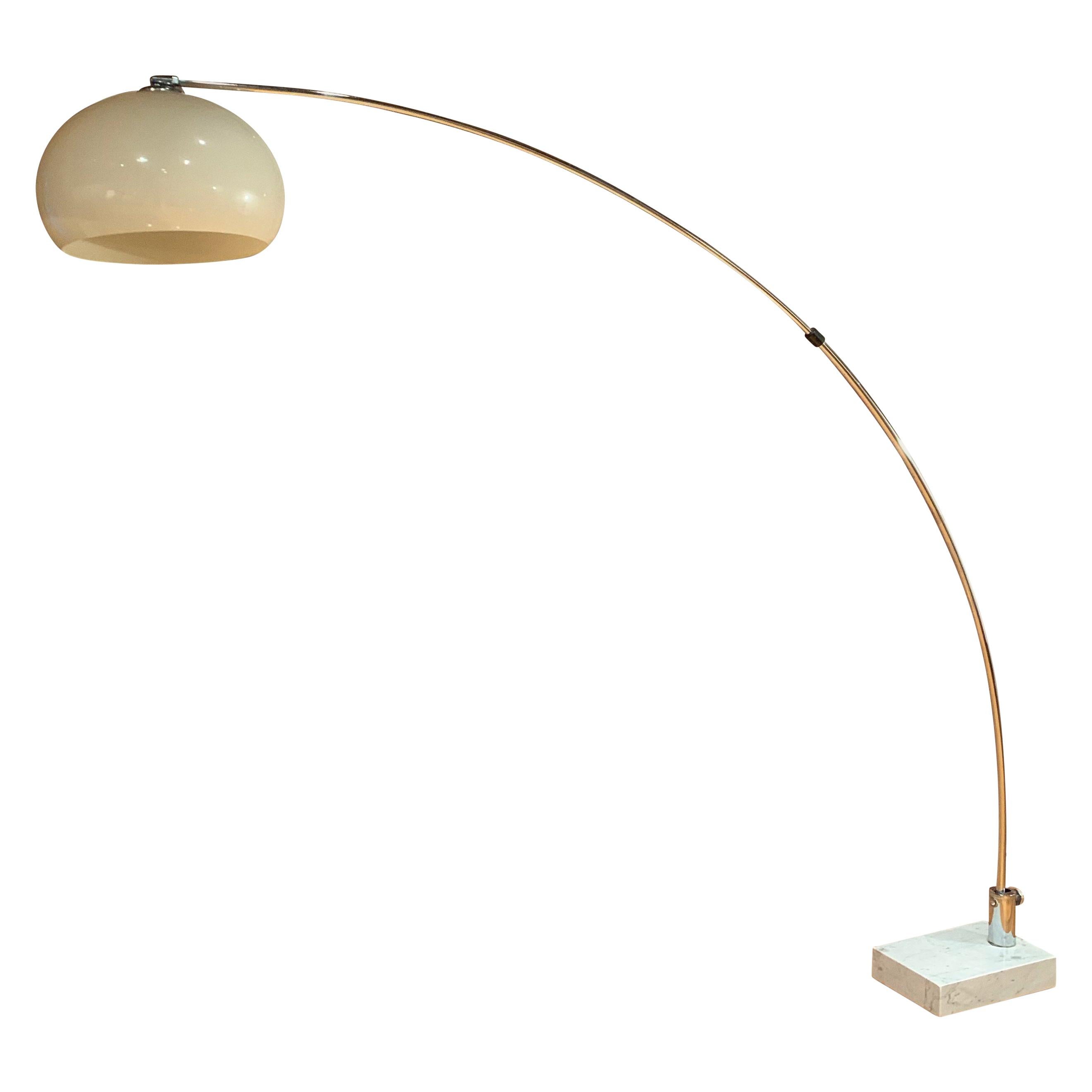 Midcentury Arc Floor Lamp in Chrome with Carrera Marble Base Guzzini Style