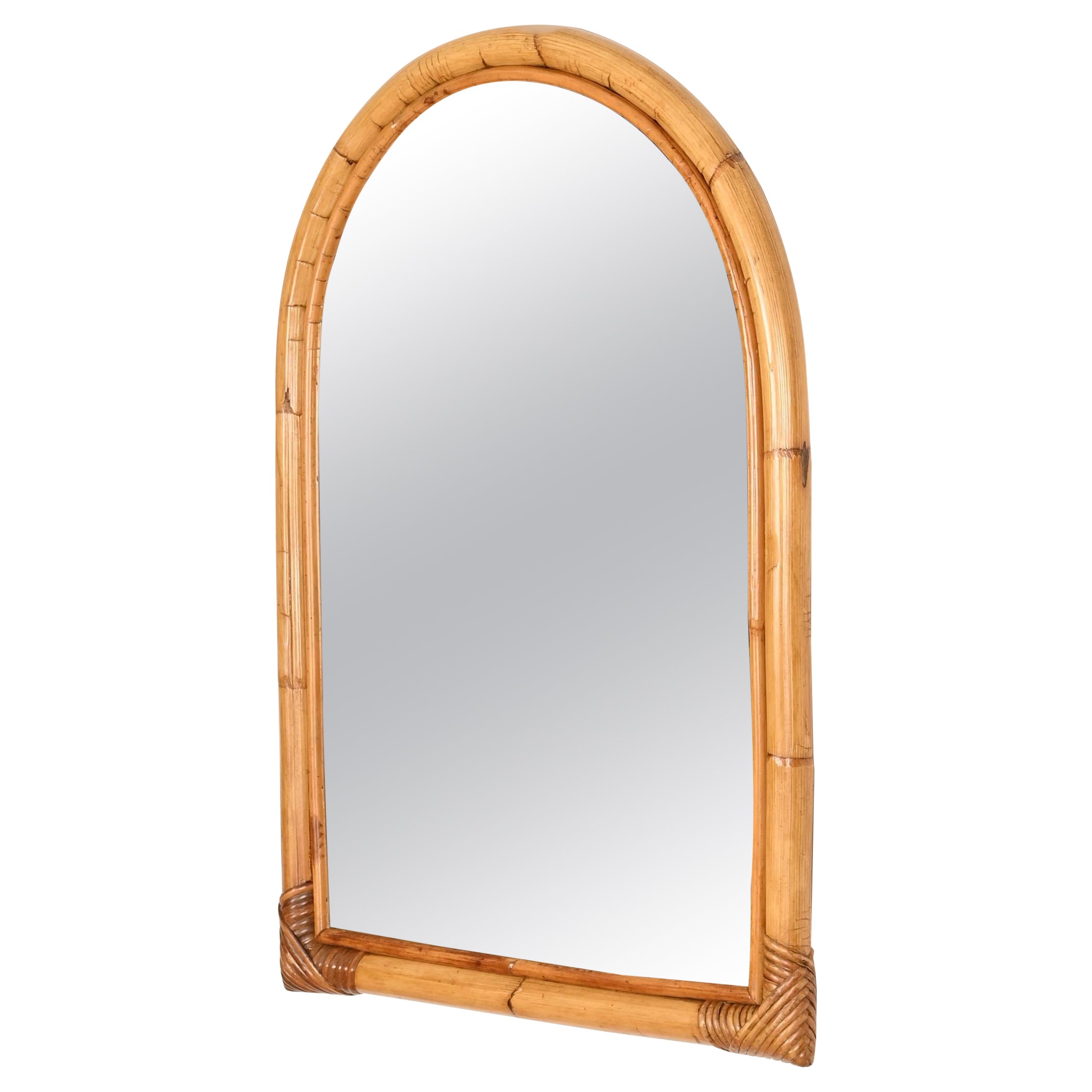 Mid-Century Arch Italian Mirror in Curved Bamboo and Rattan, 1960s