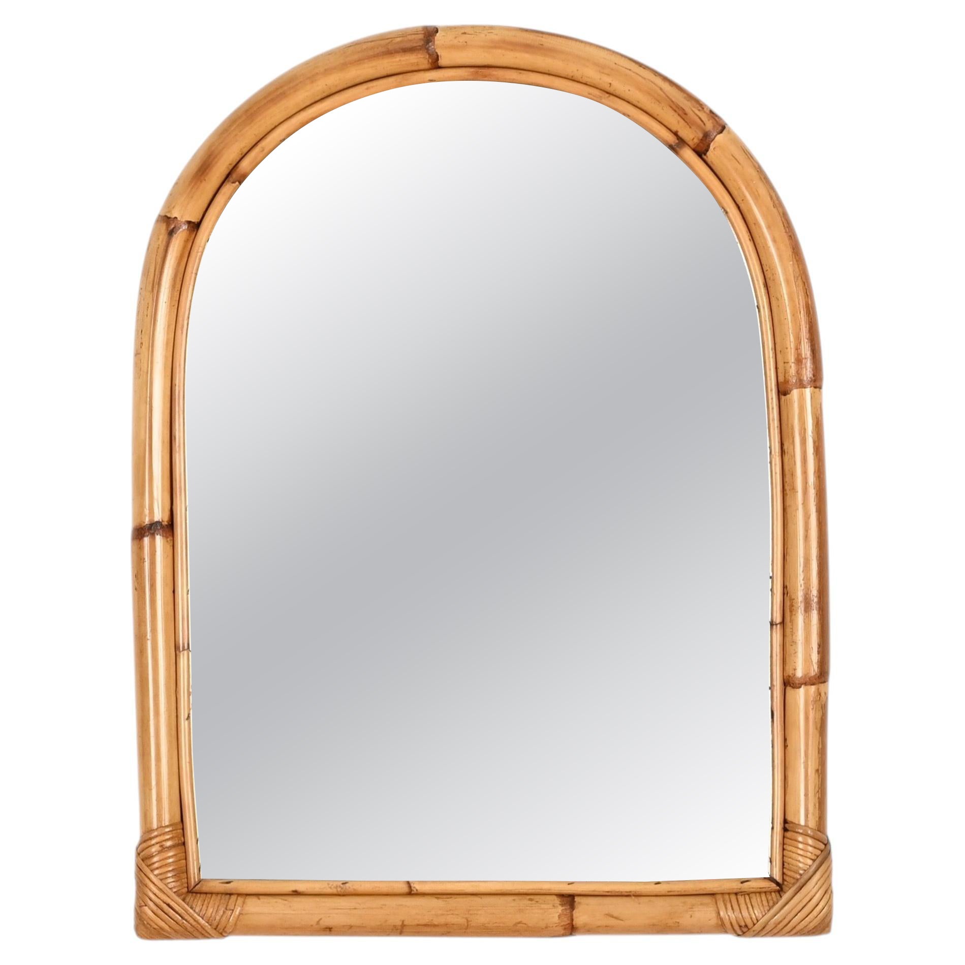Mid-Century Arch Mirror in Curved Bamboo and Rattan, Italy, 1960s