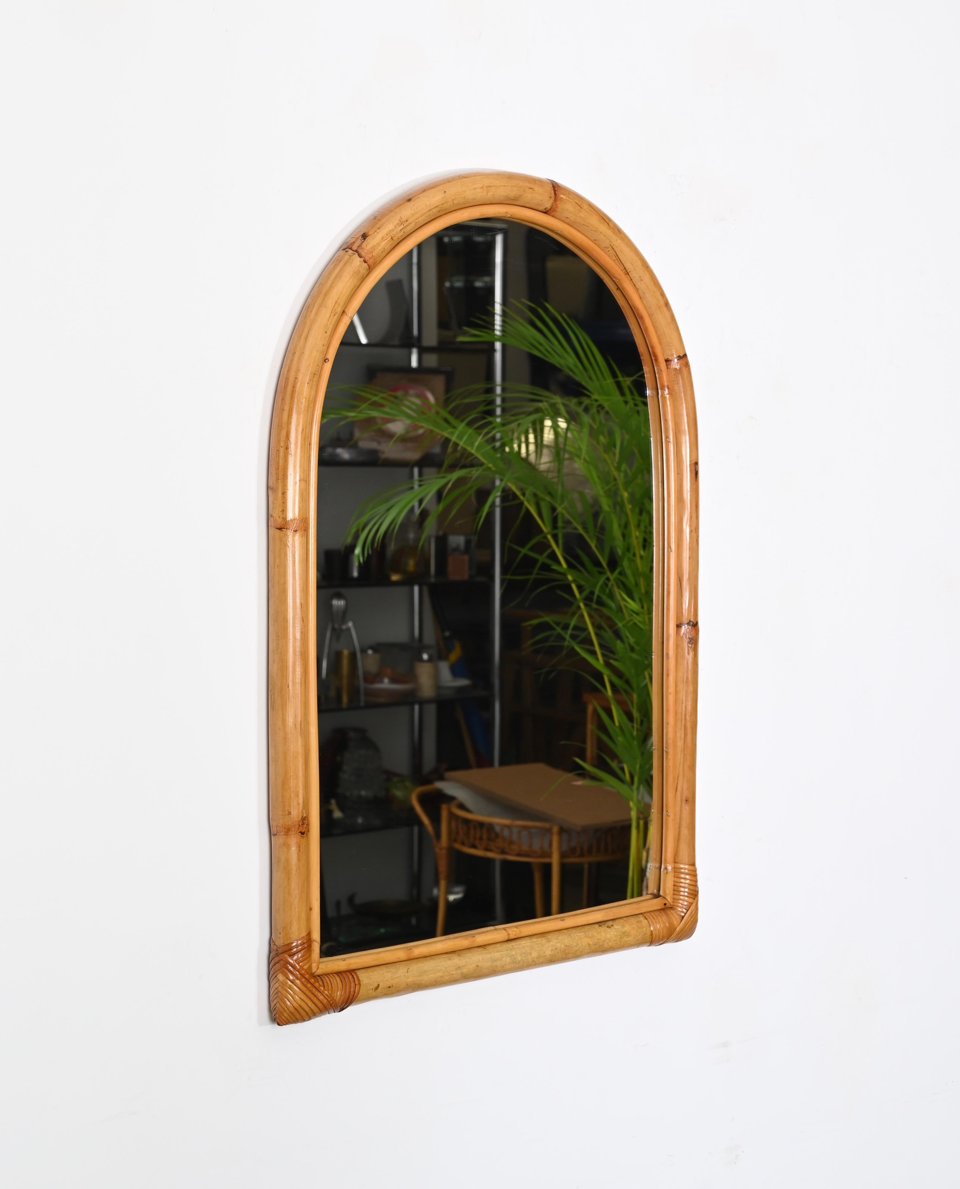 Mid-Century Arch Mirror with Double Bamboo Frame and Rattan Wicker, Italy, 1970s For Sale 4