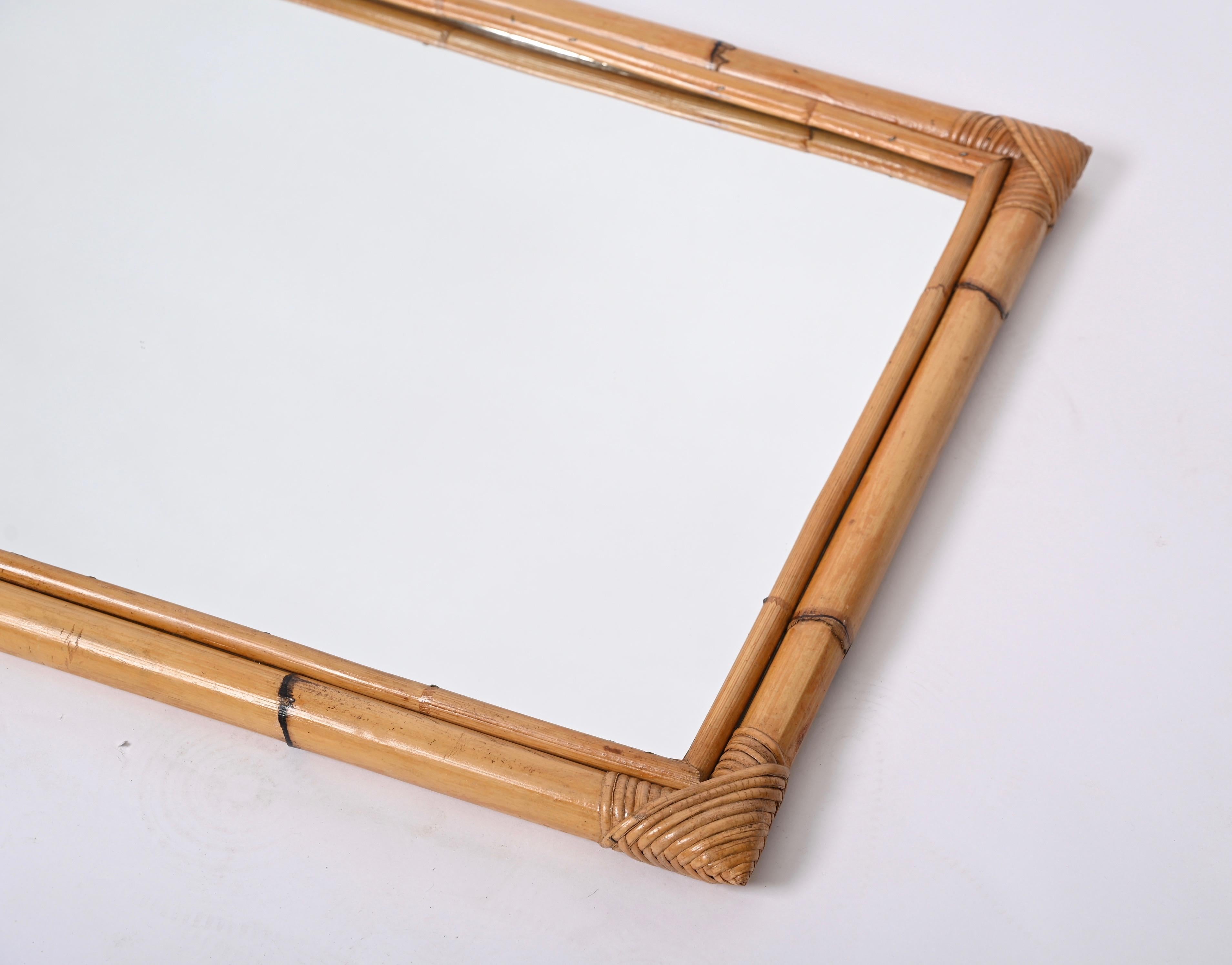 Midcentury Arch Mirror with Double Bamboo Frame and Rattan Wicker, Italy, 1970s 5