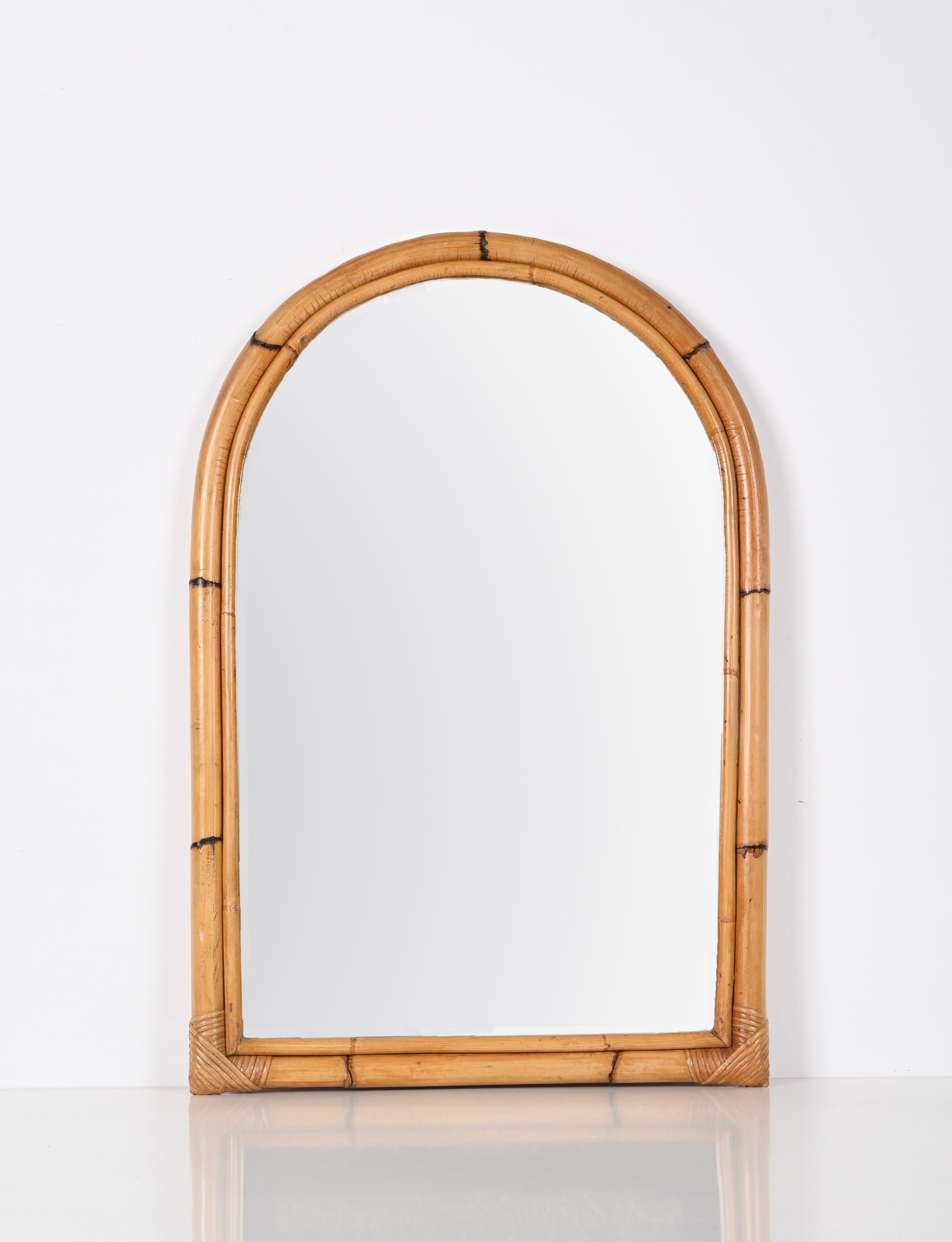 Midcentury Arch Mirror with Double Bamboo Frame and Rattan Wicker, Italy, 1970s 8