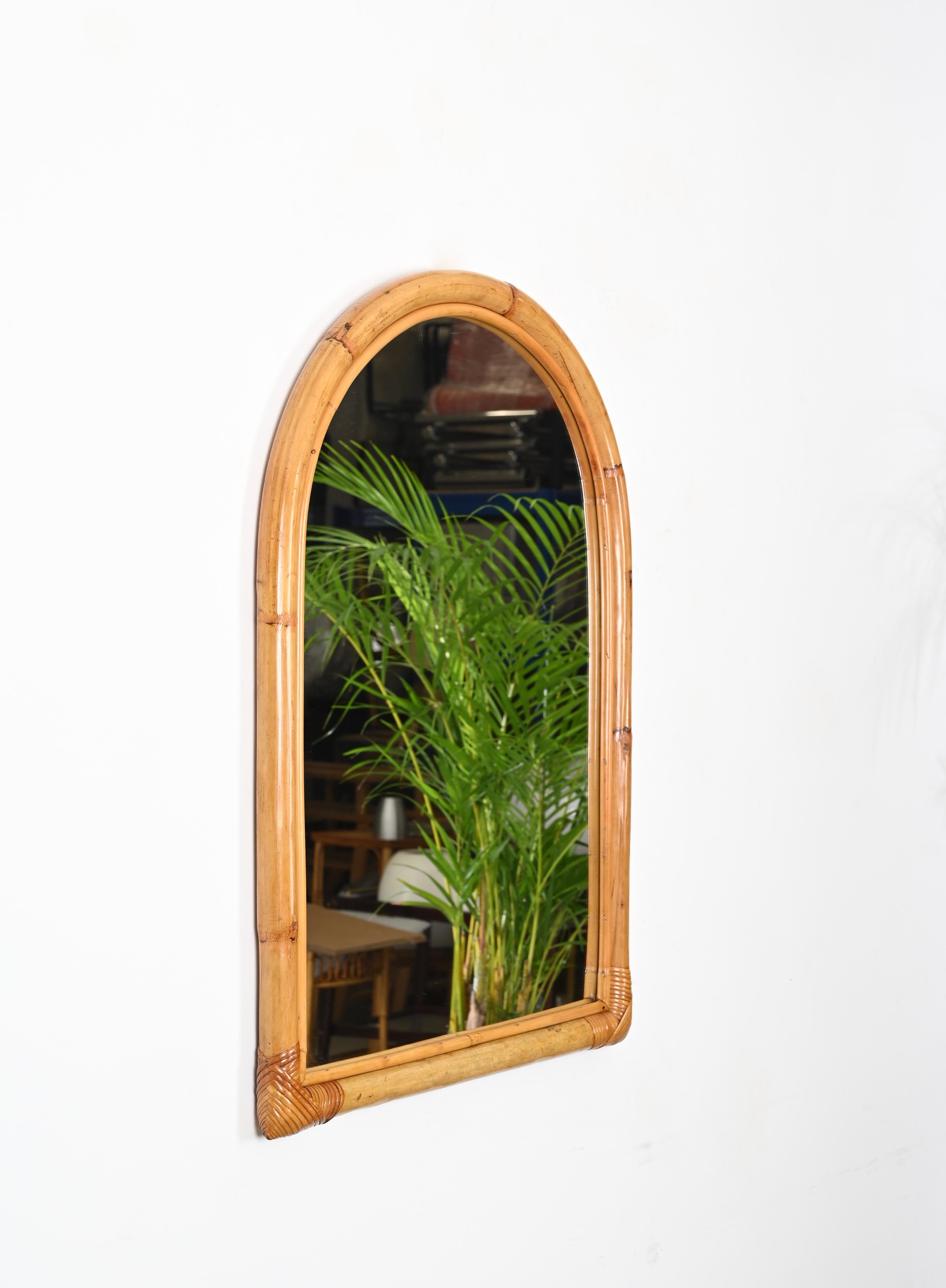 Mid-Century Modern Mid-Century Arch Mirror with Double Bamboo Frame and Rattan Wicker, Italy, 1970s For Sale