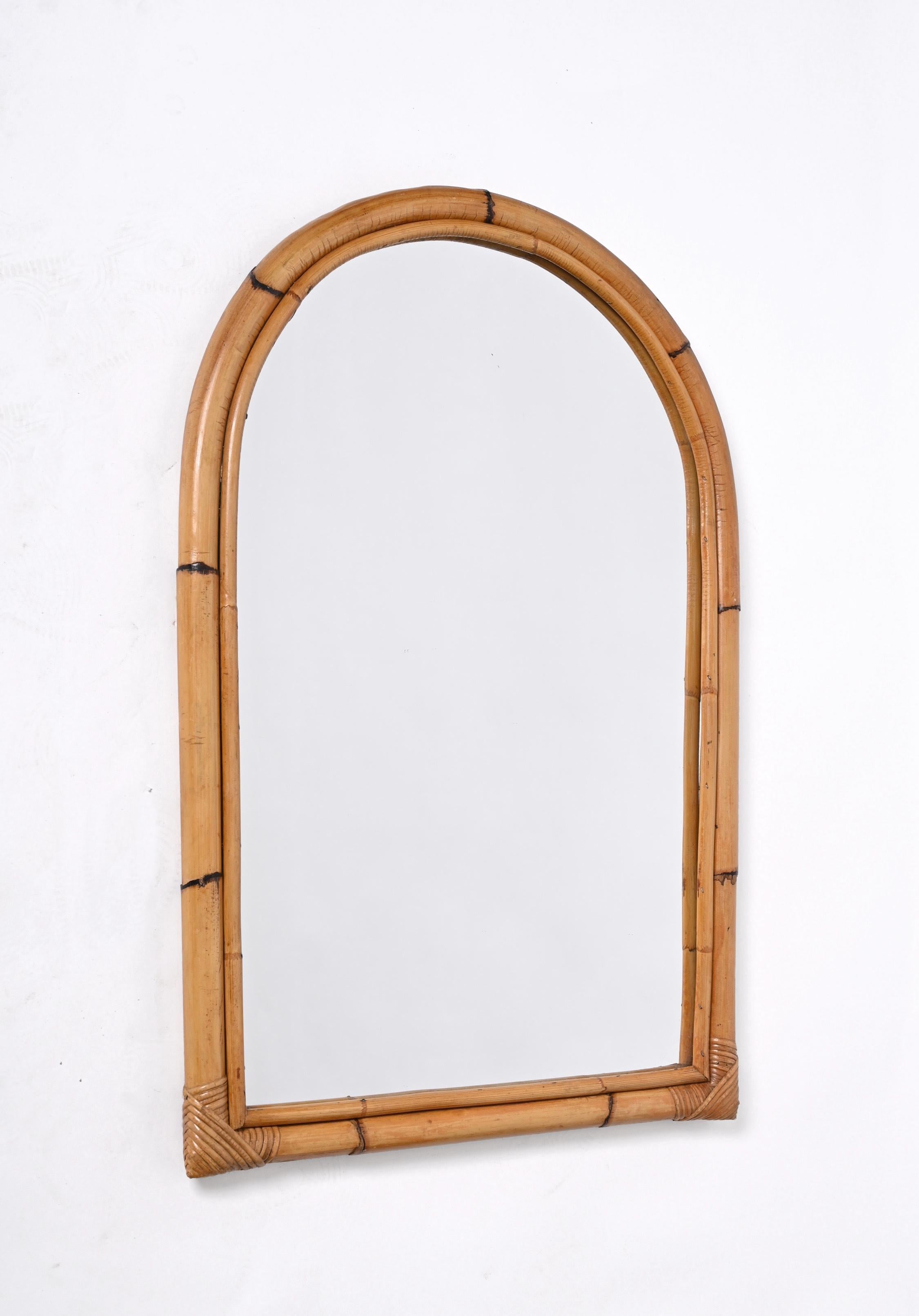 Mid-Century Modern Midcentury Arch Mirror with Double Bamboo Frame and Rattan Wicker, Italy, 1970s