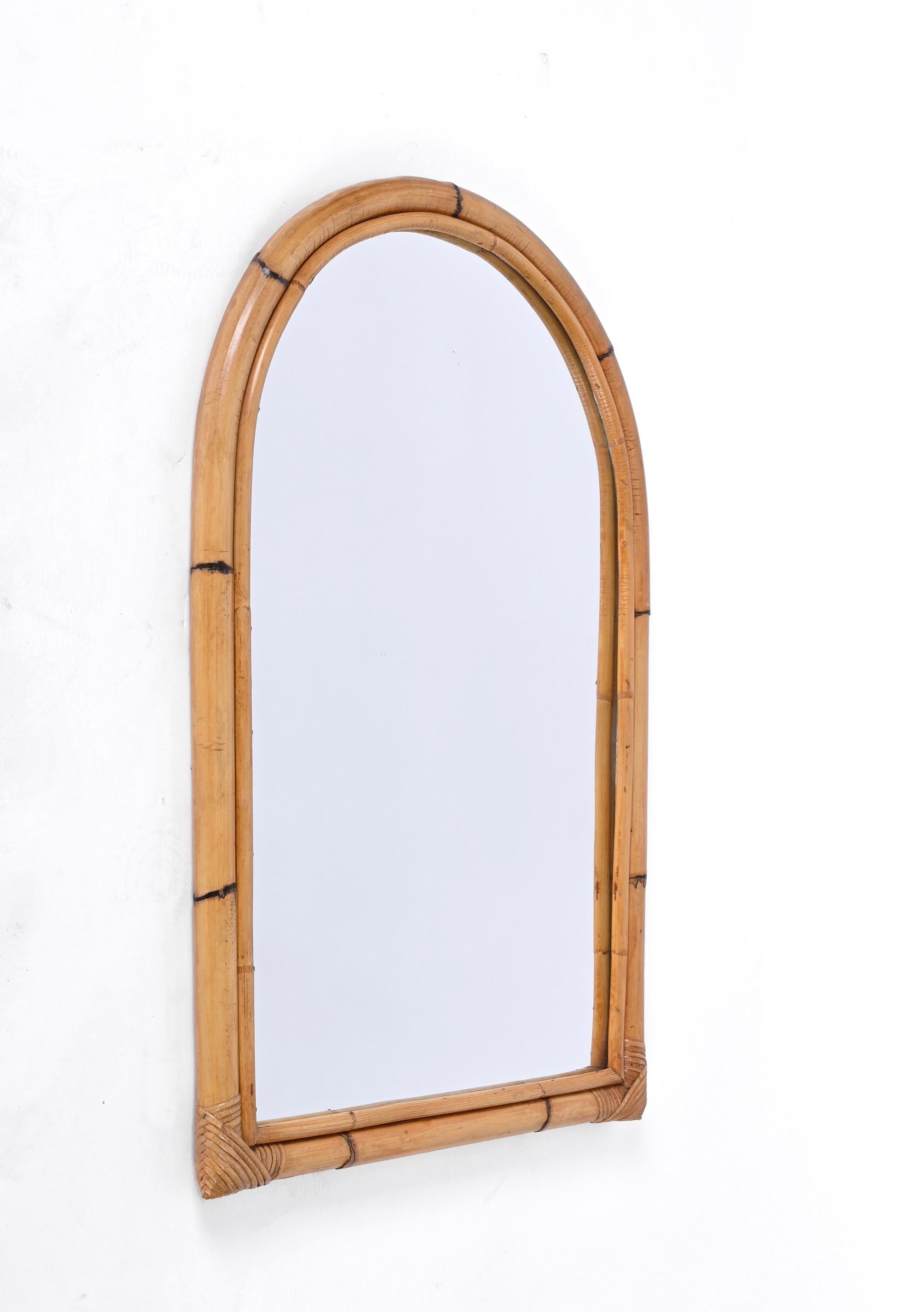 Italian Midcentury Arch Mirror with Double Bamboo Frame and Rattan Wicker, Italy, 1970s