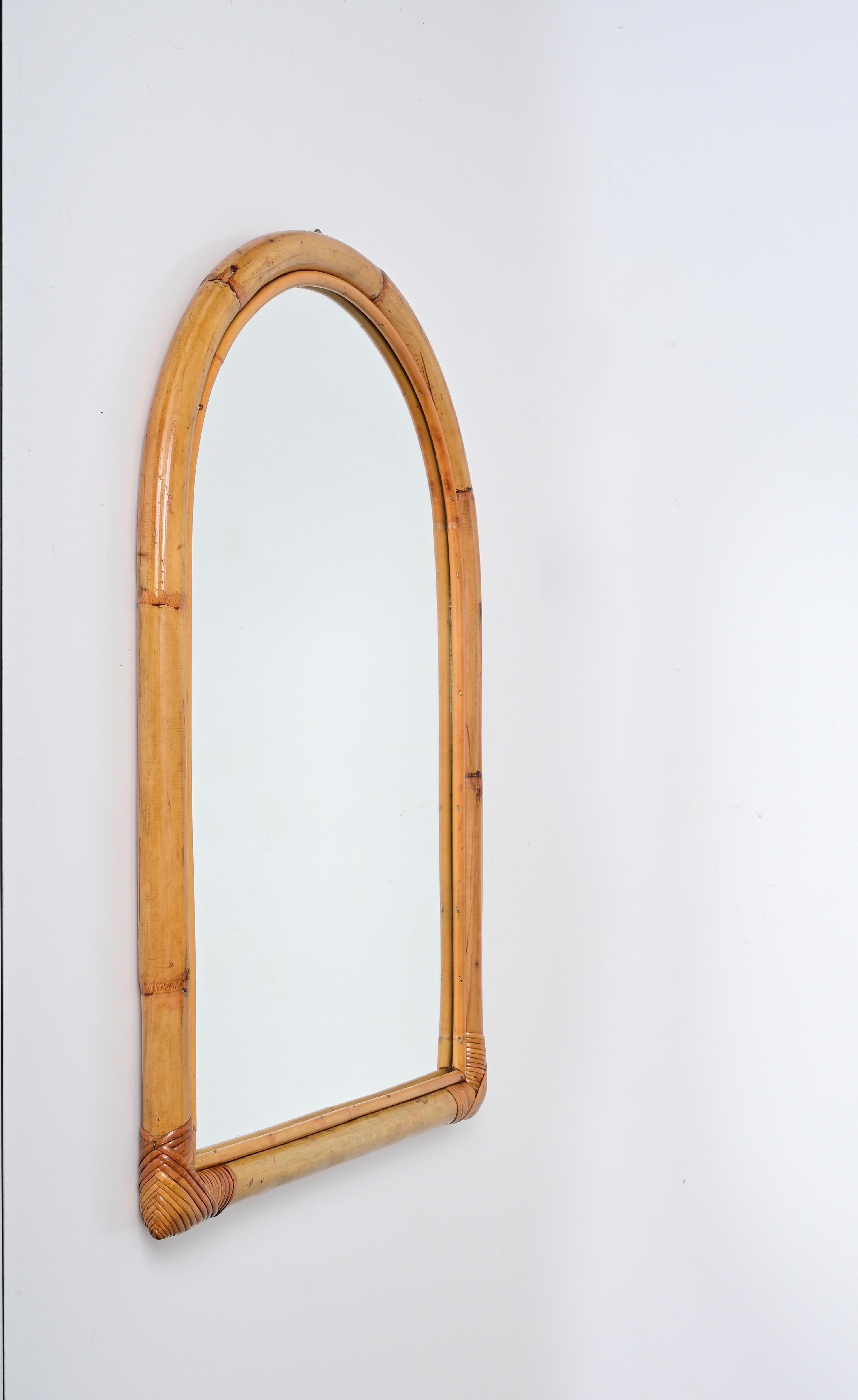 20th Century Mid-Century Arch Mirror with Double Bamboo Frame and Rattan Wicker, Italy, 1970s For Sale