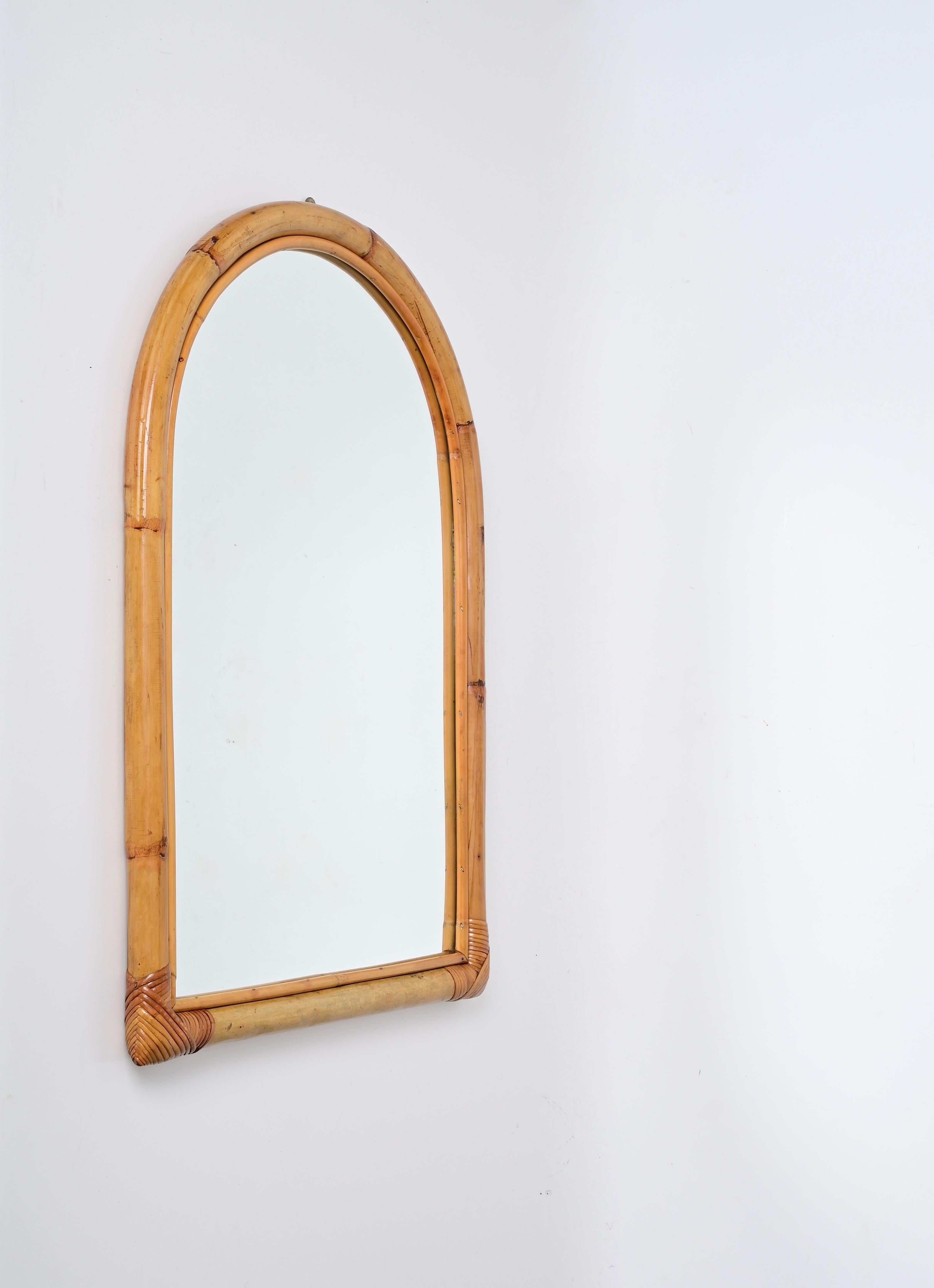 Mid-Century Arch Mirror with Double Bamboo Frame and Rattan Wicker, Italy, 1970s For Sale 1