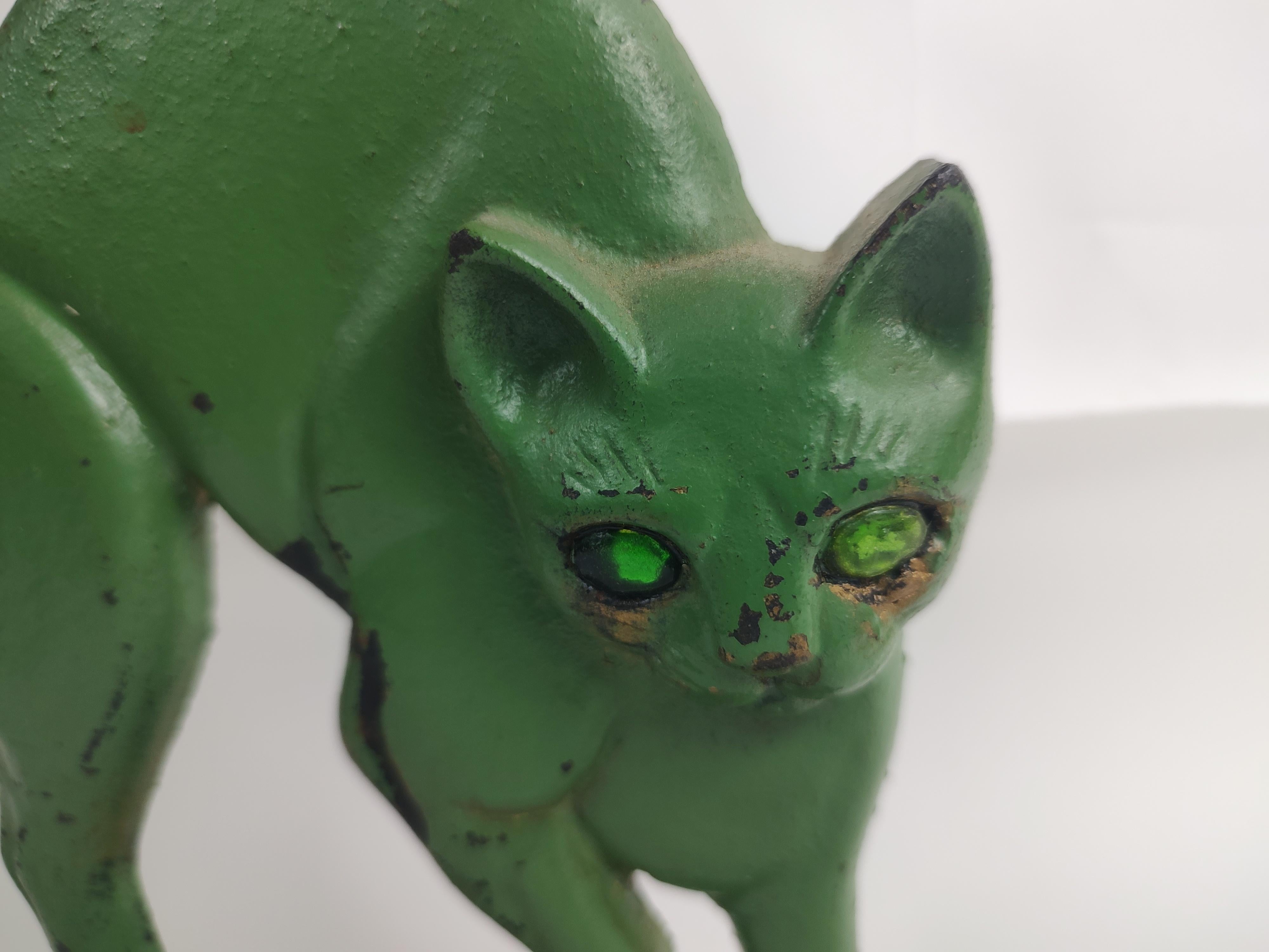 Mid-20th Century Midcentury Arched Cat with Glass Eyes Doorstop in Old Green Paint