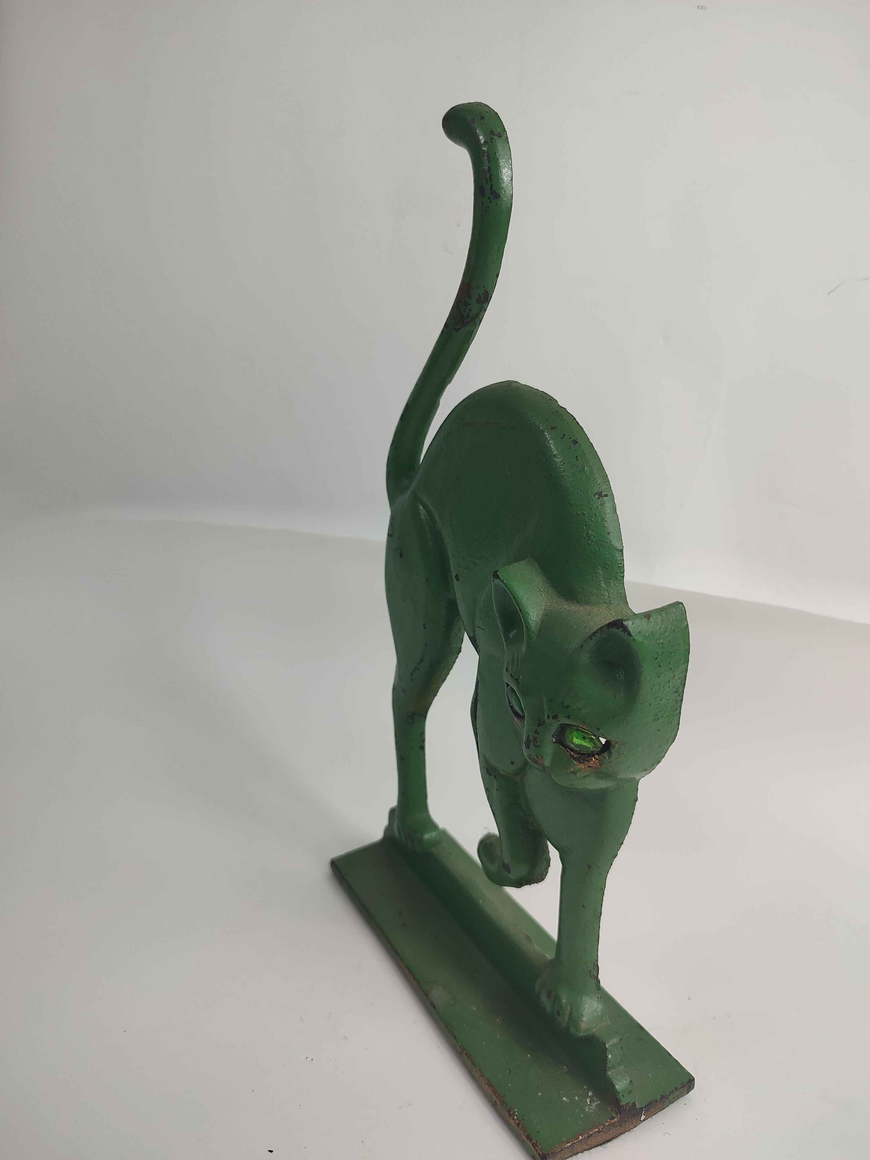 Industrial Midcentury Arched Cat with Glass Eyes Doorstop in Old Green Paint