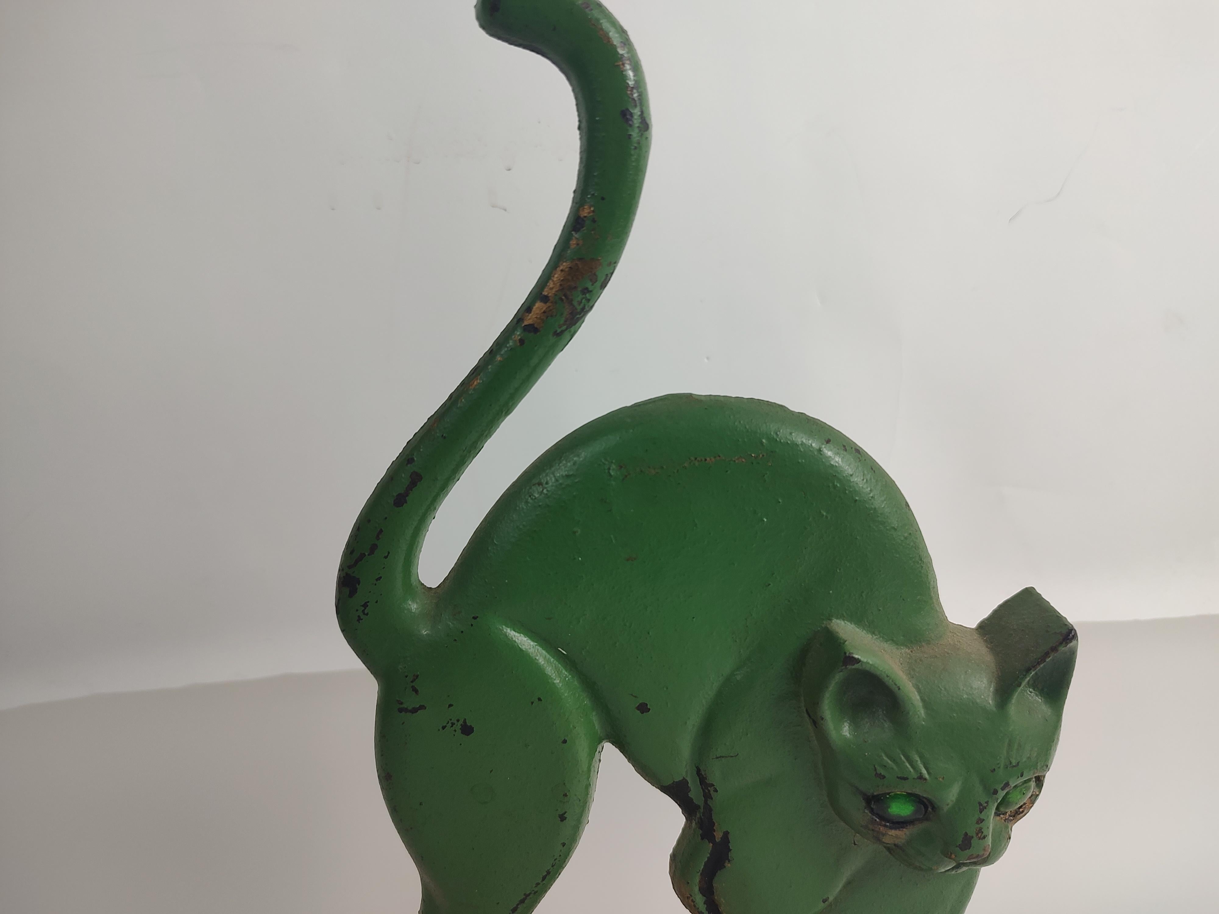 Cast Midcentury Arched Cat with Glass Eyes Doorstop in Old Green Paint