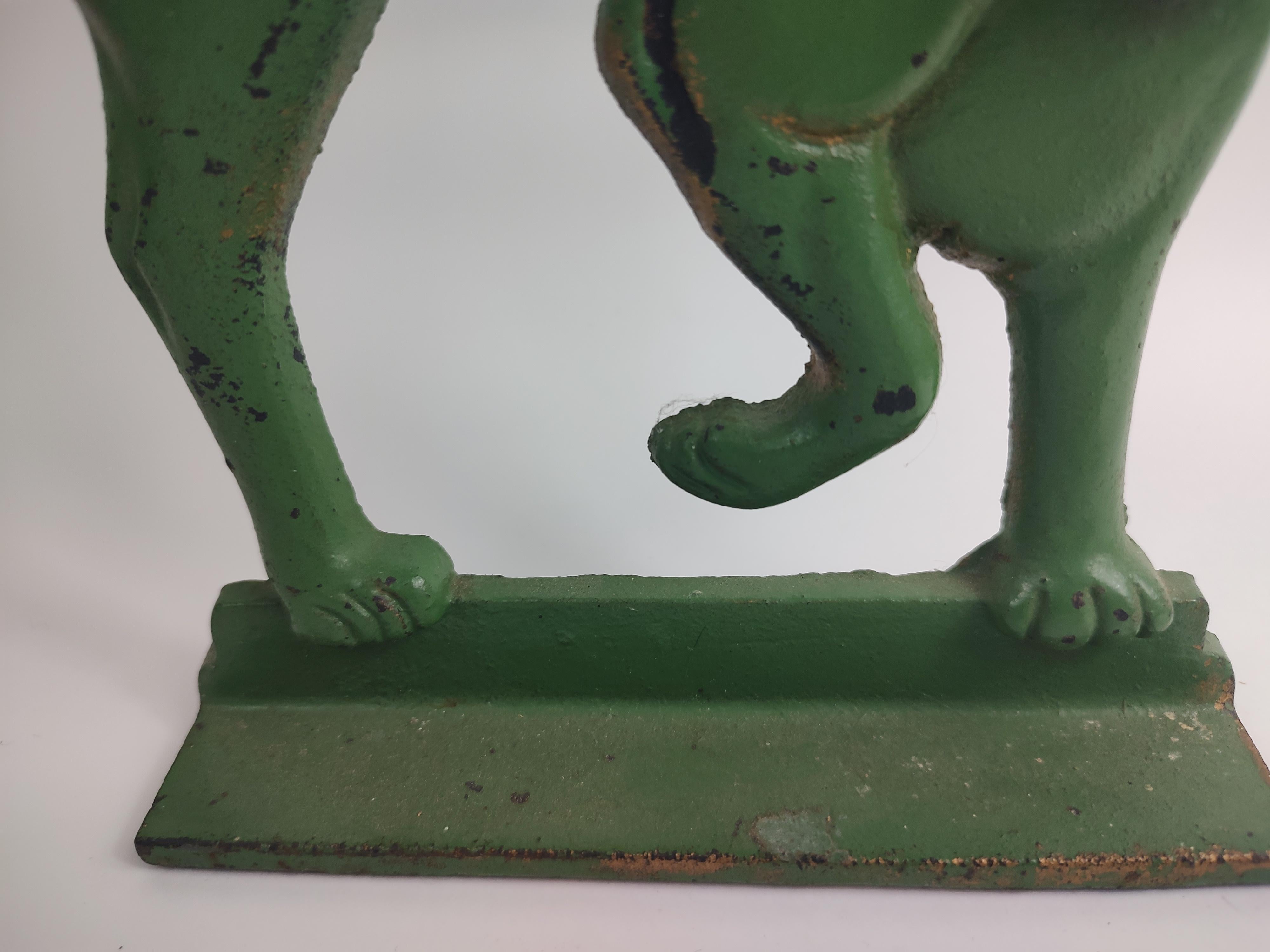 Midcentury Arched Cat with Glass Eyes Doorstop in Old Green Paint In Good Condition In Port Jervis, NY