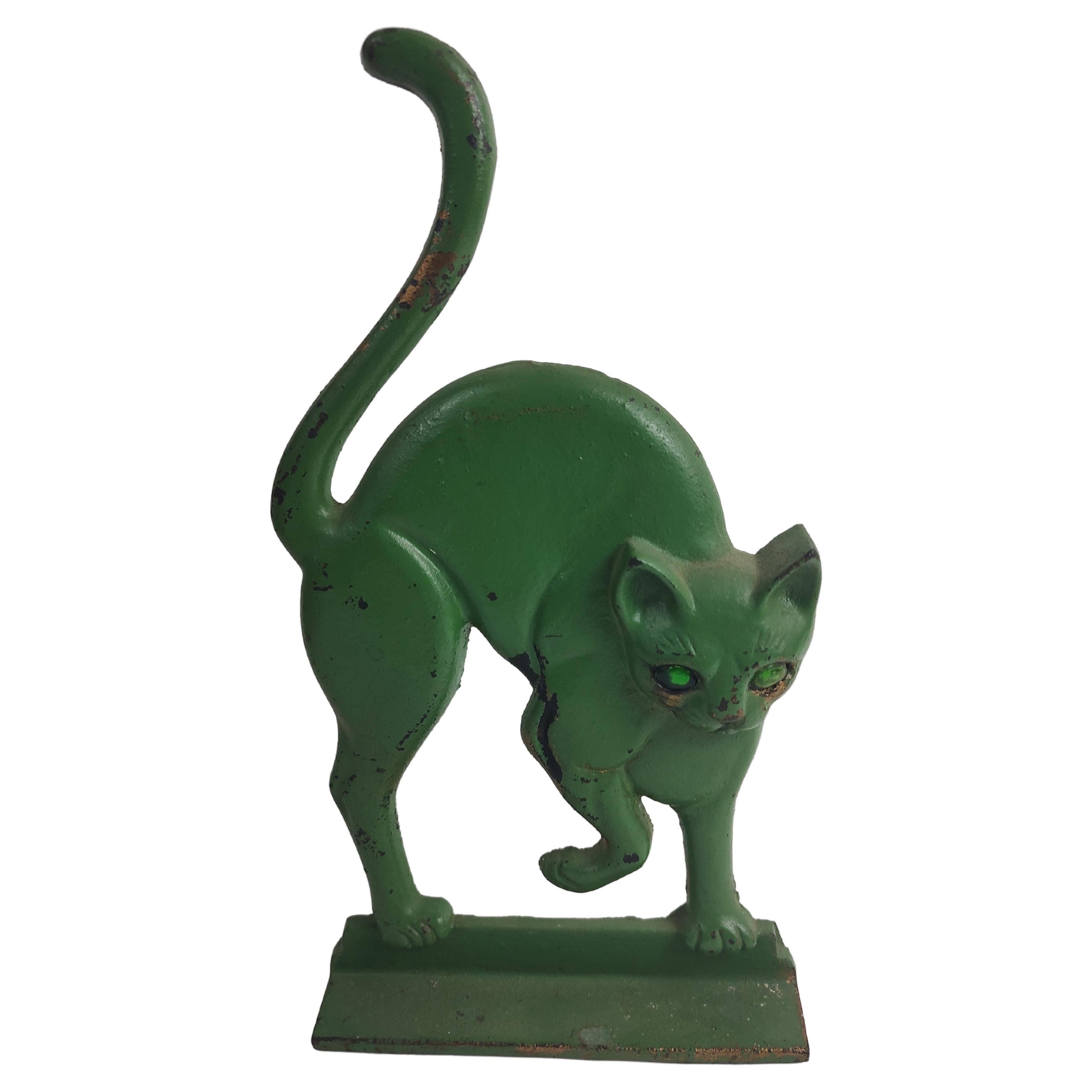 Midcentury Arched Cat with Glass Eyes Doorstop in Old Green Paint