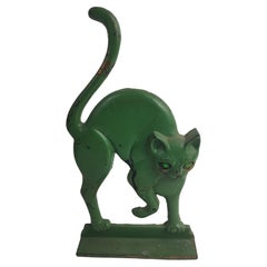 Midcentury Arched Cat with Glass Eyes Doorstop in Old Green Paint