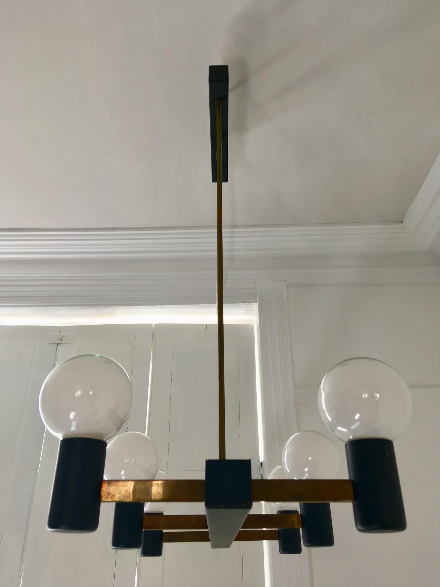 Mid-Century Modern Mid-Century Architectural Chandelier with Brass Details For Sale