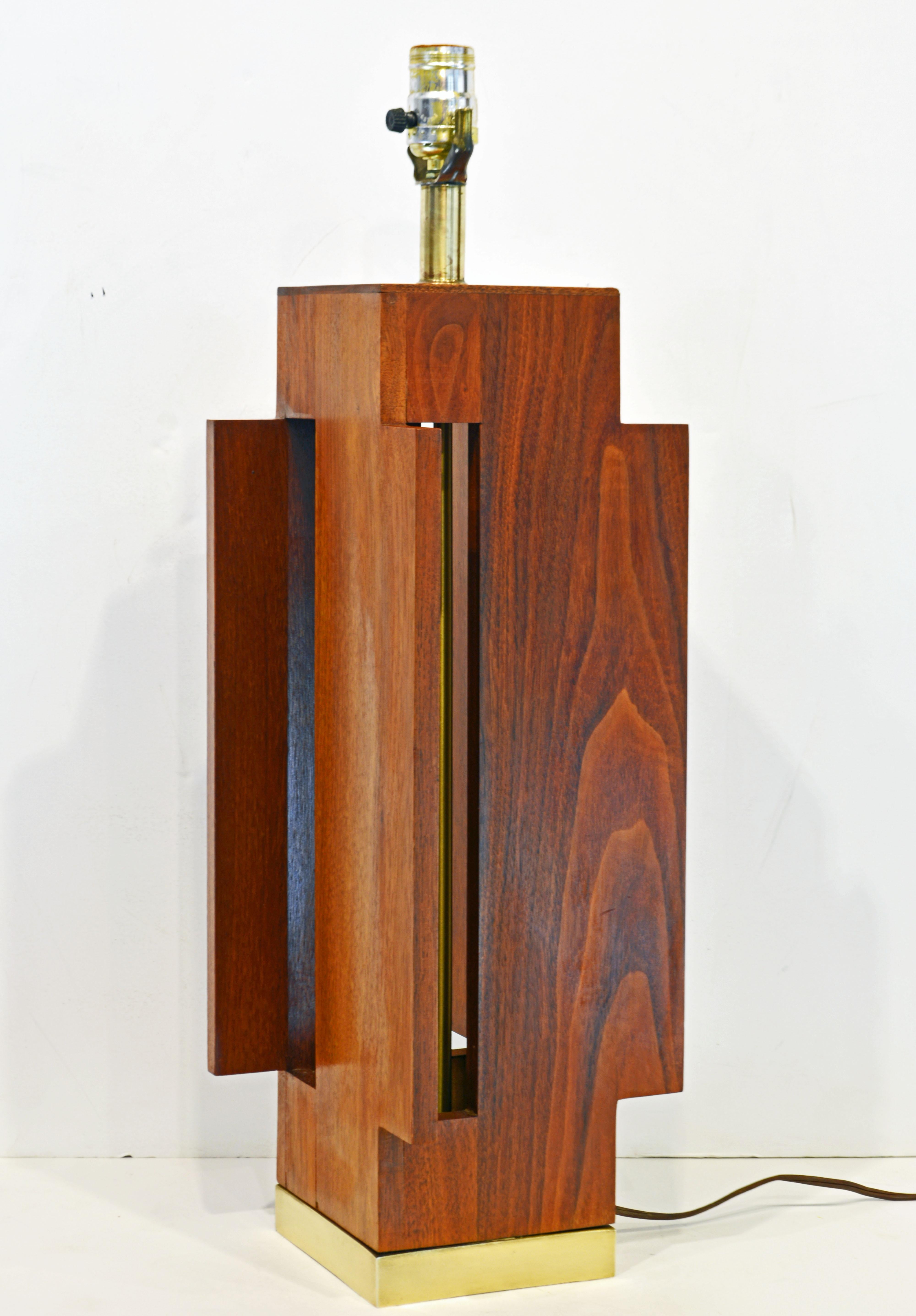 Mid-Century Modern Mid Century Architectural Geometric Teak Table Lamp on Solid Brass Base